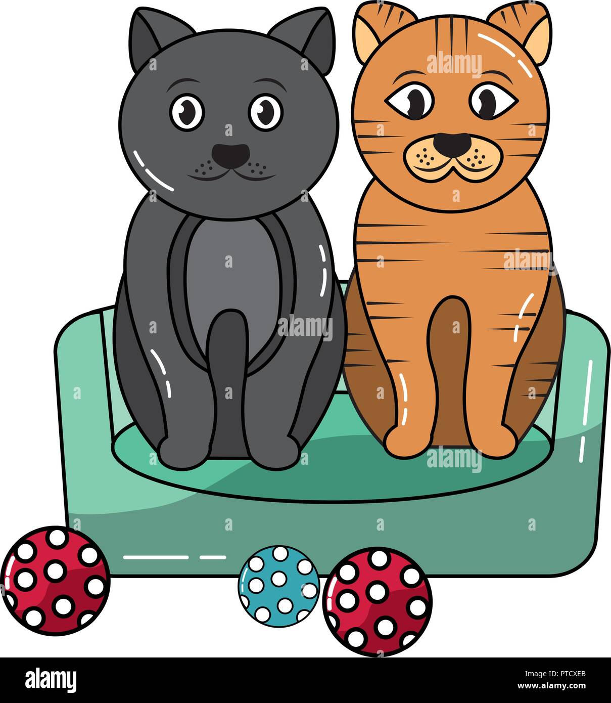 Dos gatos sentados en la cama con bolas toy Imagen Vector de stock - Alamy