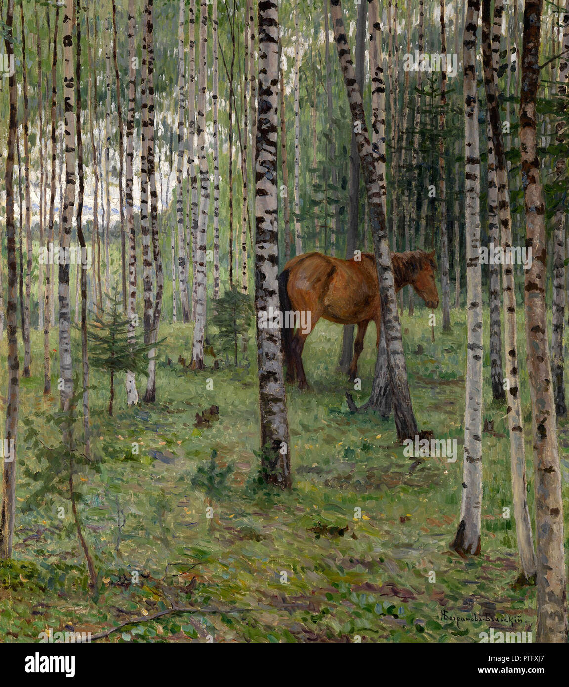 Nikolai Bogdanoff-Bjelski - Caballo en un bosque de abedules Foto de stock