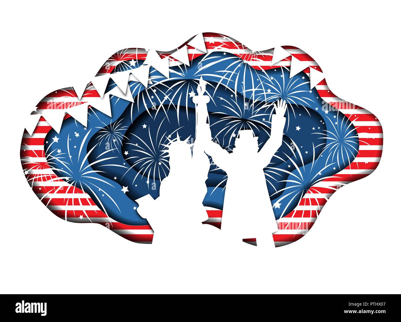 Gracioso papel cortado banner para el día de la independencia el 4 de julio, Estados Unidos con la estatua de la libertad y el Tío Sam juntos. Ilustración vectorial. Los símbolos y colores nacionales Ilustración del Vector