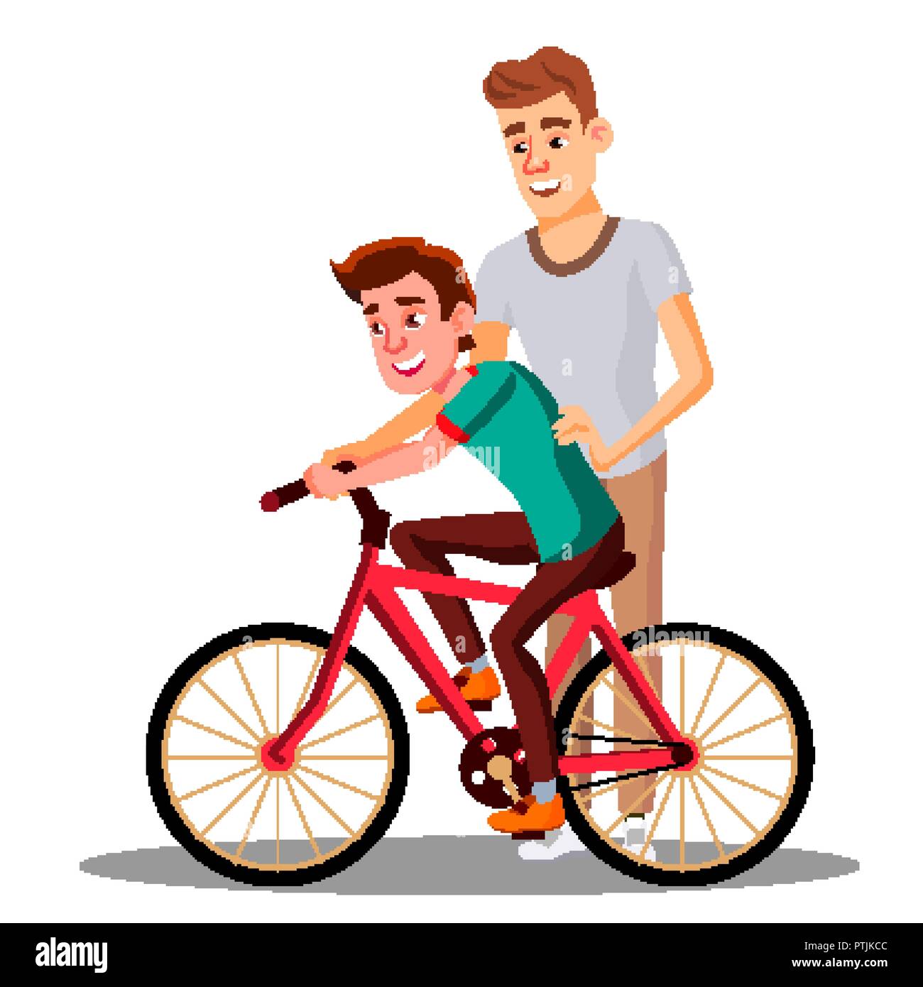 Padre Ensena A Su Hijo A Andar En Bicicleta Vector Ilustracion Aislada Imagen Vector De Stock Alamy
