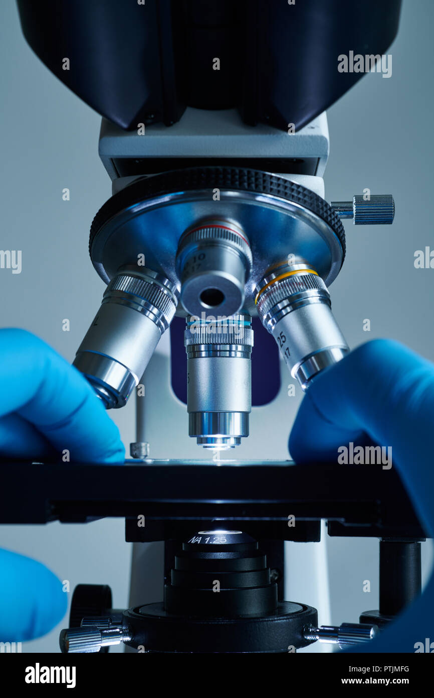 Scientist manos con microscopio Foto de stock