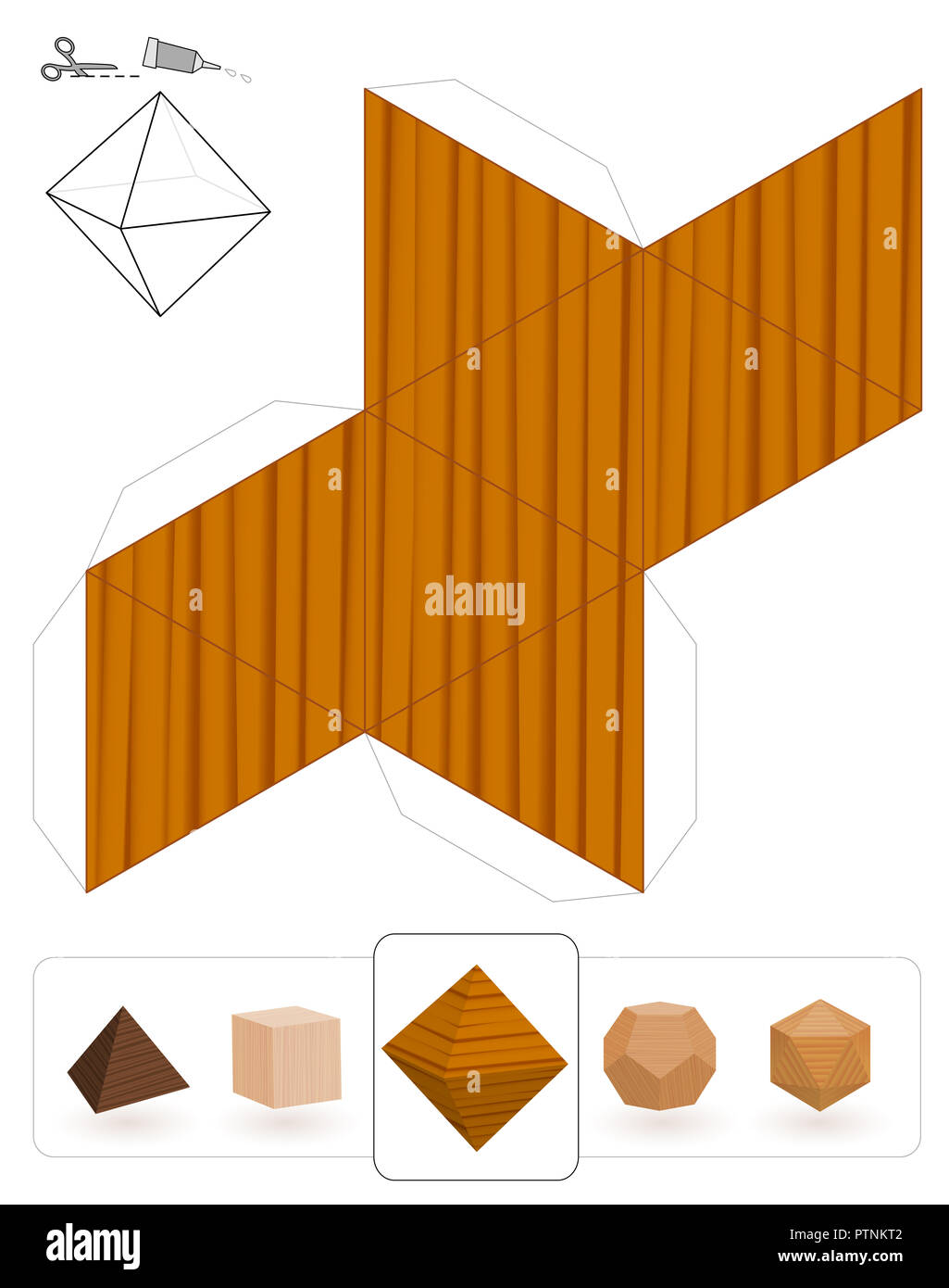Sólidos Platónicos. Plantilla de un octaedro con textura de madera para  hacer un modelo 3D de papel fuera del triángulo net Fotografía de stock -  Alamy