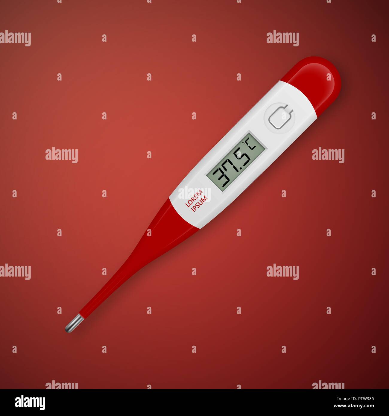 Vector 3D realistas fiebre roja celsius termómetro medico electrónico  closeup sobre fondo rojo. Plantilla de diseño de termómetro digital  mostrando fiebre de 37,5. Vista desde arriba. Concepto de salud y  enfermedades Imagen
