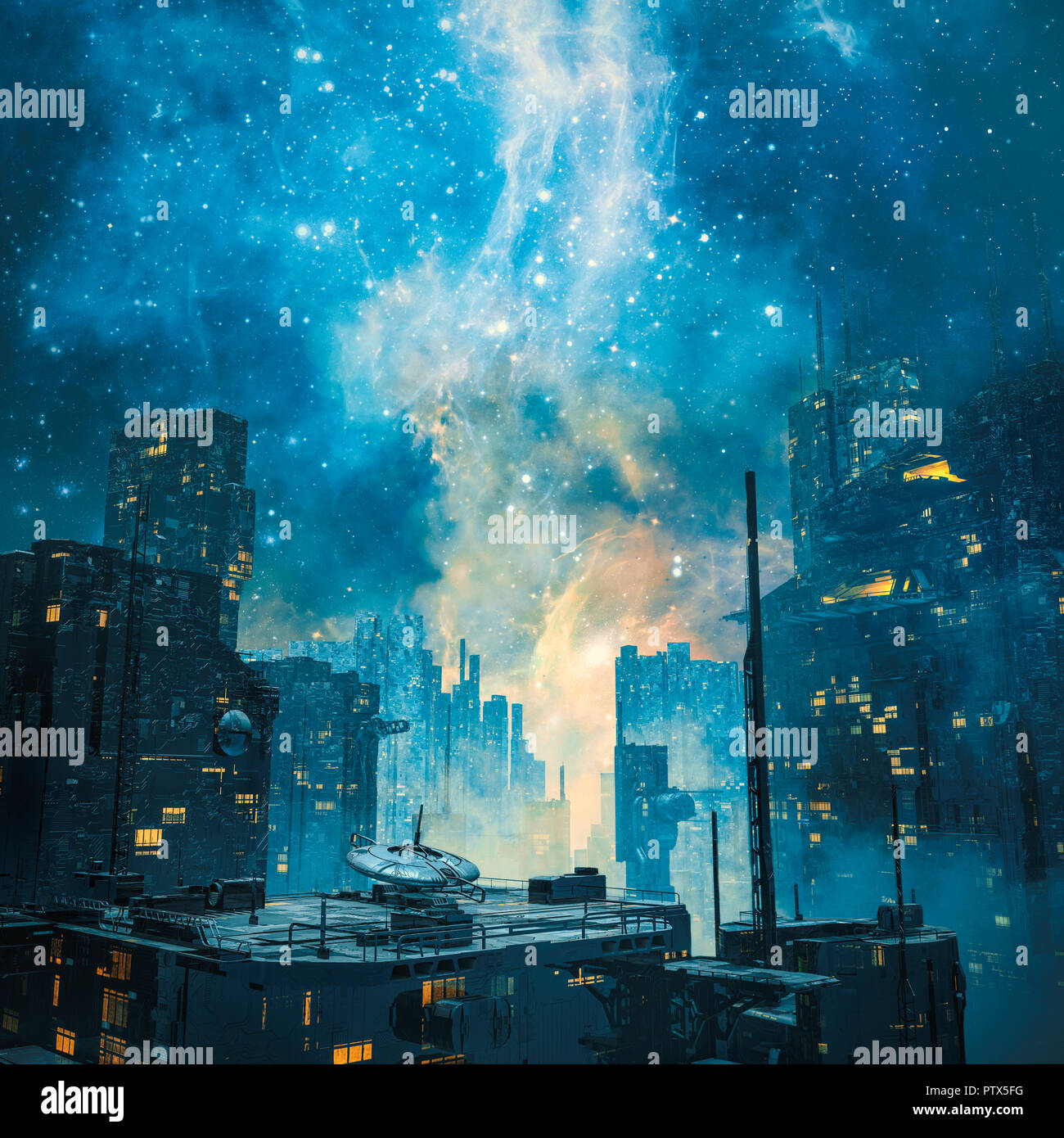 Espacio galáctico colonia por noche / 3D ilustración de oscura ciencia ficción futurista ciudad bajo una galaxia brillando en el cielo Foto de stock
