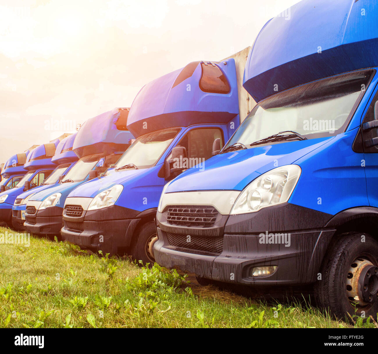 Blue vans de pie en una fila de camiones de larga distancia, y la industria camionera y sun Foto de stock
