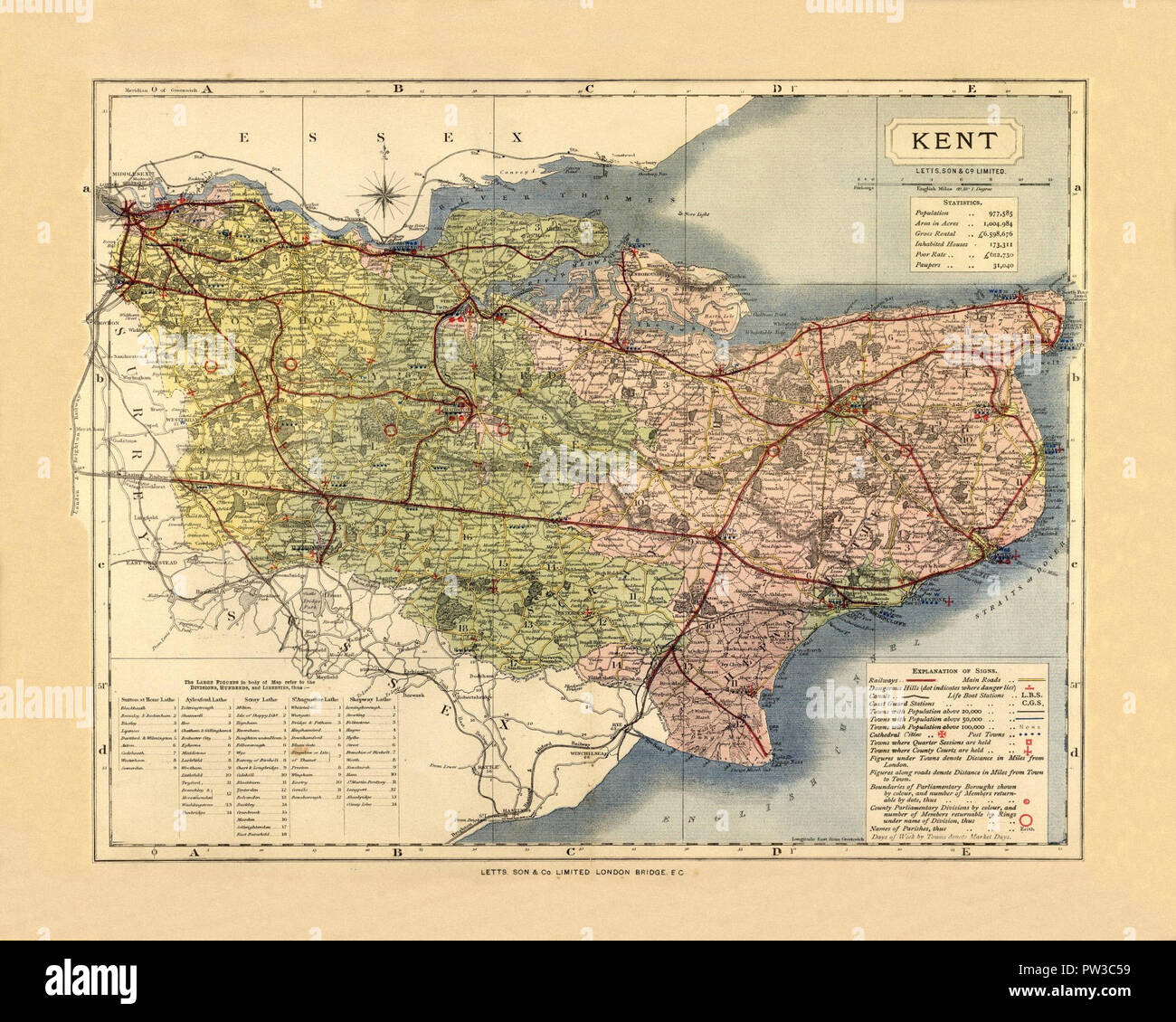 Mapa de Kent 1884 Foto de stock