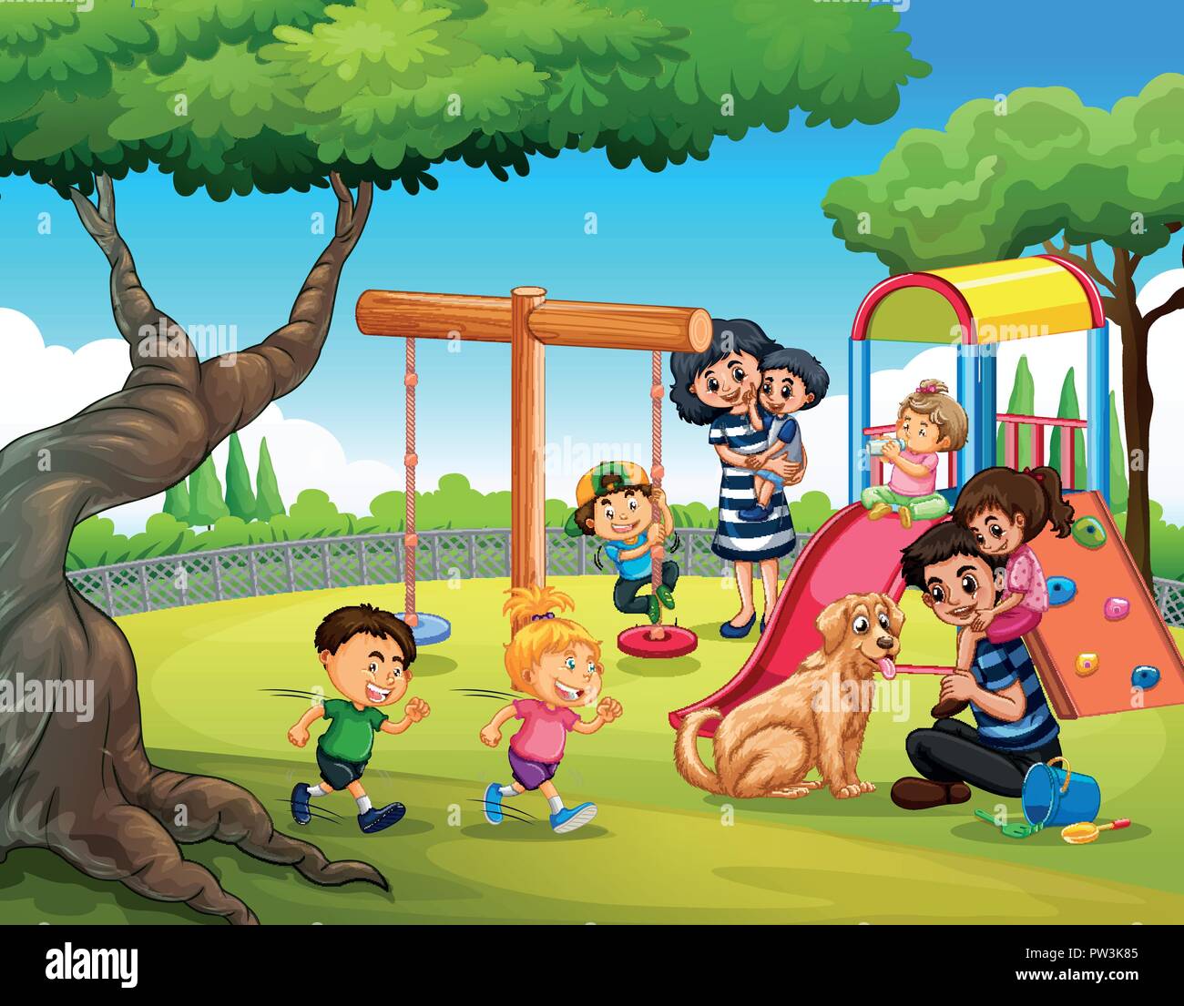 Niños jugando en el parque infantil ilustración Imagen Vector de stock -  Alamy