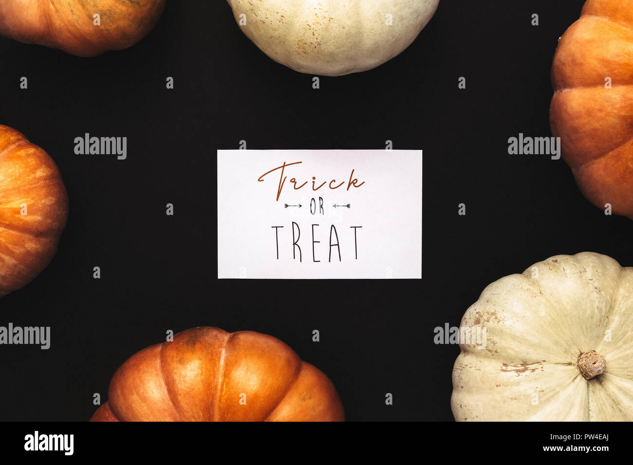 Naranja y blanco calabazas con tarjeta de trick or treat sobre fondo negro. Vista superior del tema de Halloween flat laical. Foto de stock