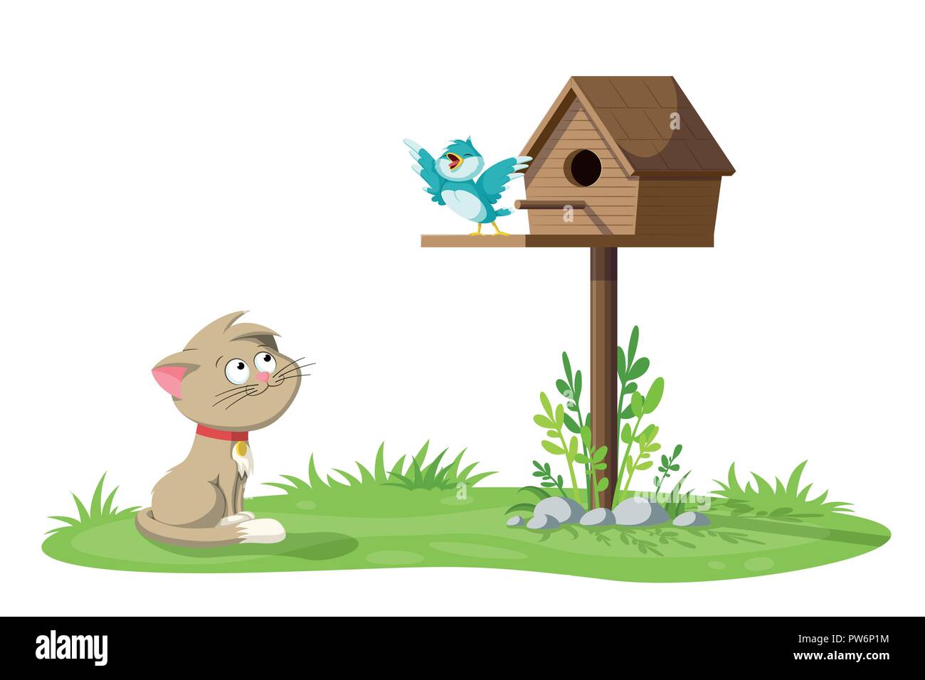 Un gato que está mirando un pájaro cantando en una casita para aves Ilustración del Vector