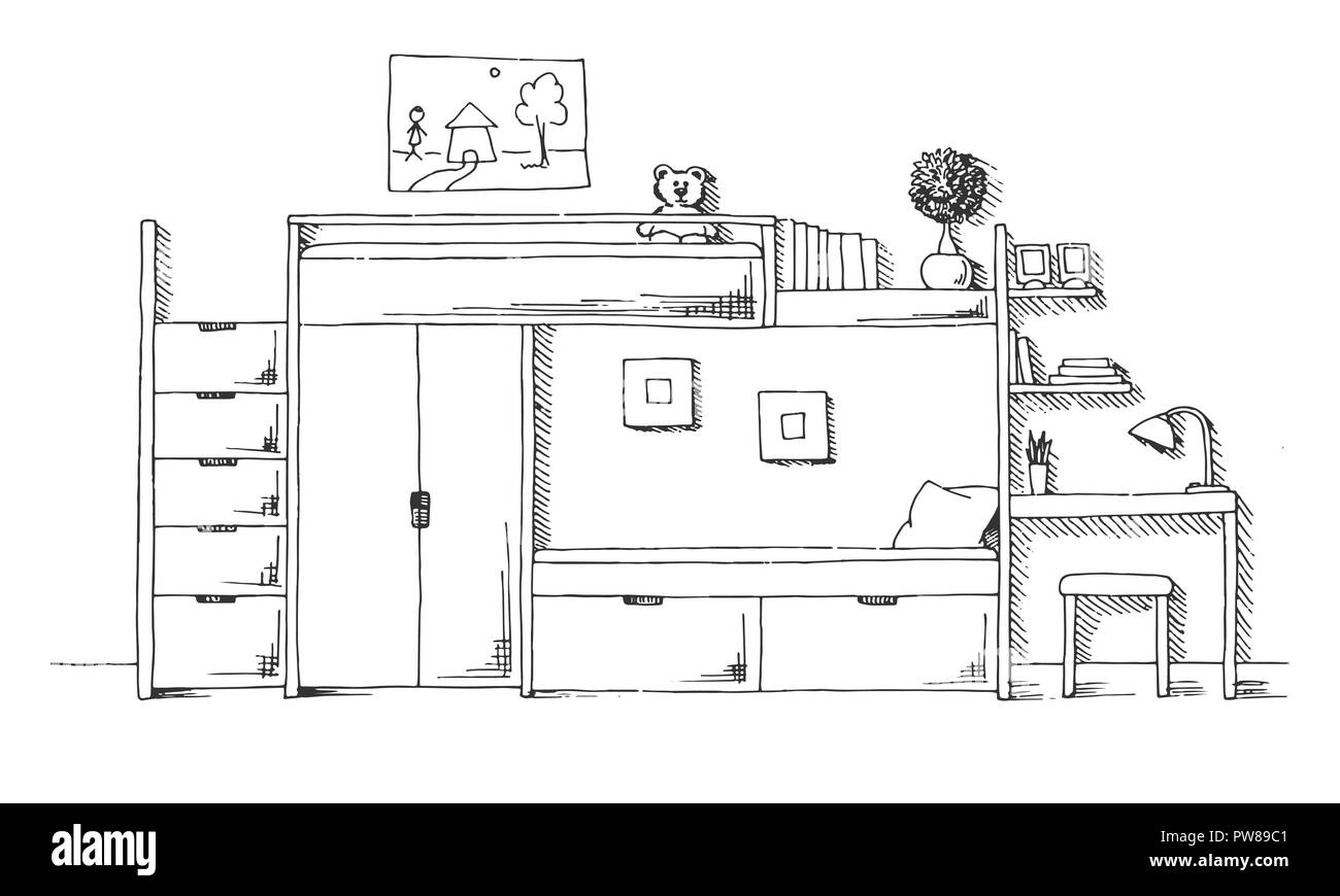 La habitación de los niños. Muebles para niños. Literas, una mesa y una  silla. Ilustración vectorial dibujada a mano de un boceto de estilo Imagen  Vector de stock - Alamy