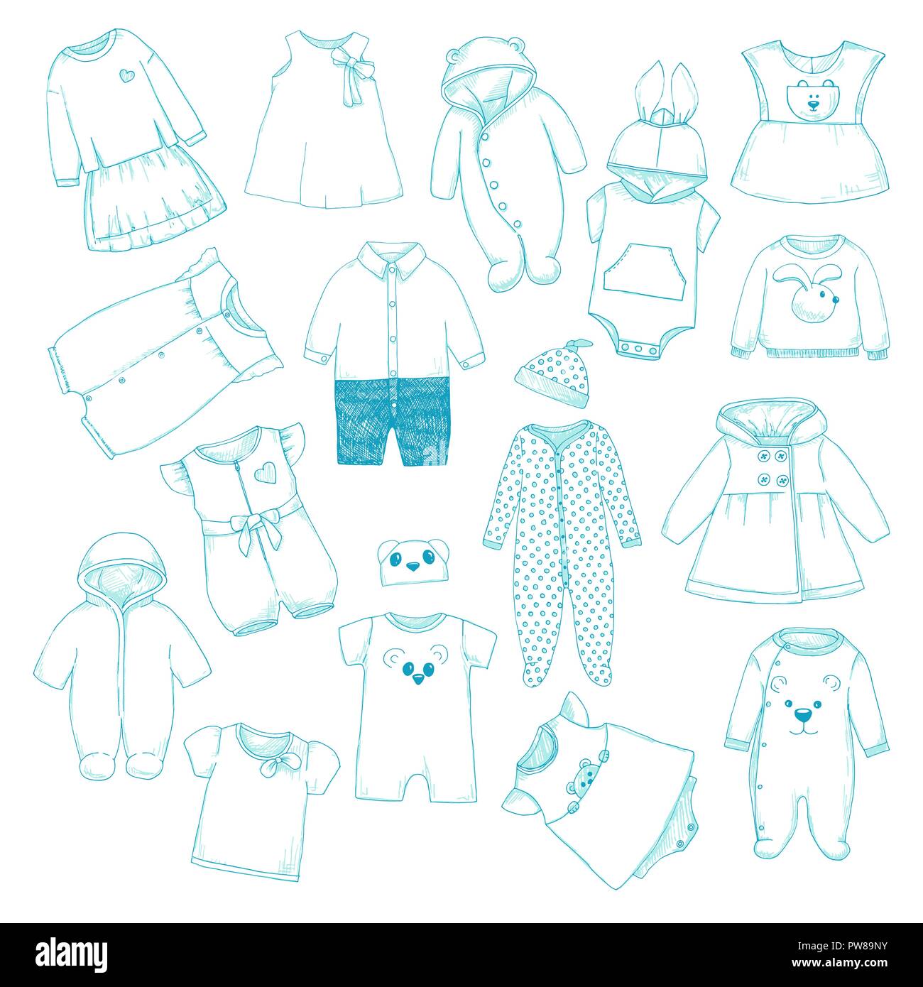 Conjunto de diferentes prendas de vestir para niños. Puede usarse como ropa  para muñecas de papel. Ilustración vectorial en estilo boceto Imagen Vector  de stock - Alamy