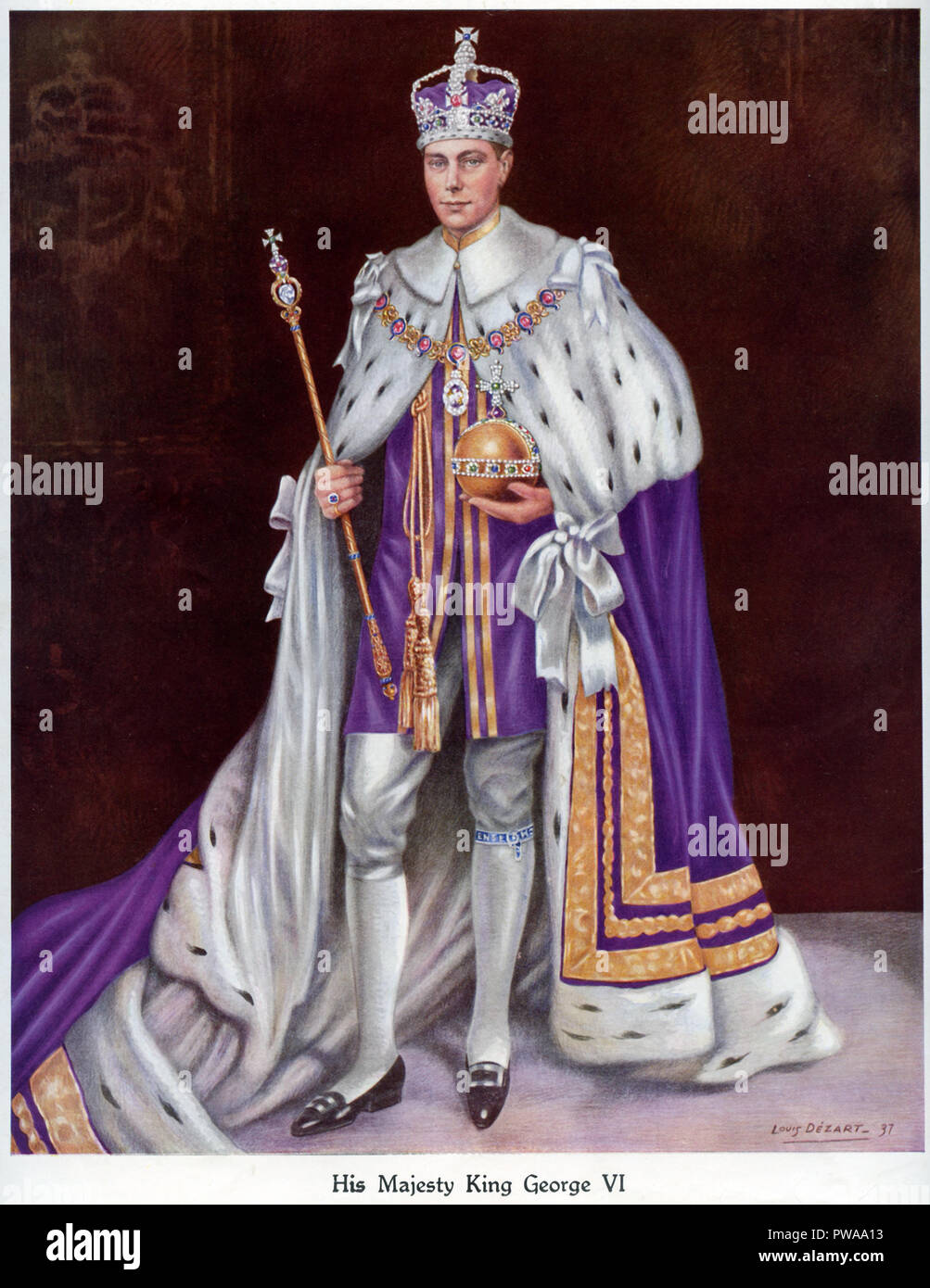 Un retrato de la coronación del rey Jorge la sexta el 12 de mayo de 1937 mostrando el Rey vistiendo su abrigo de coronación de la corona y llevar el orbe y el cetro publicado en un libro de recuerdos de coronación publicado por el Daily Express de fecha 1937 y pintado por Louis Dezart Foto de stock