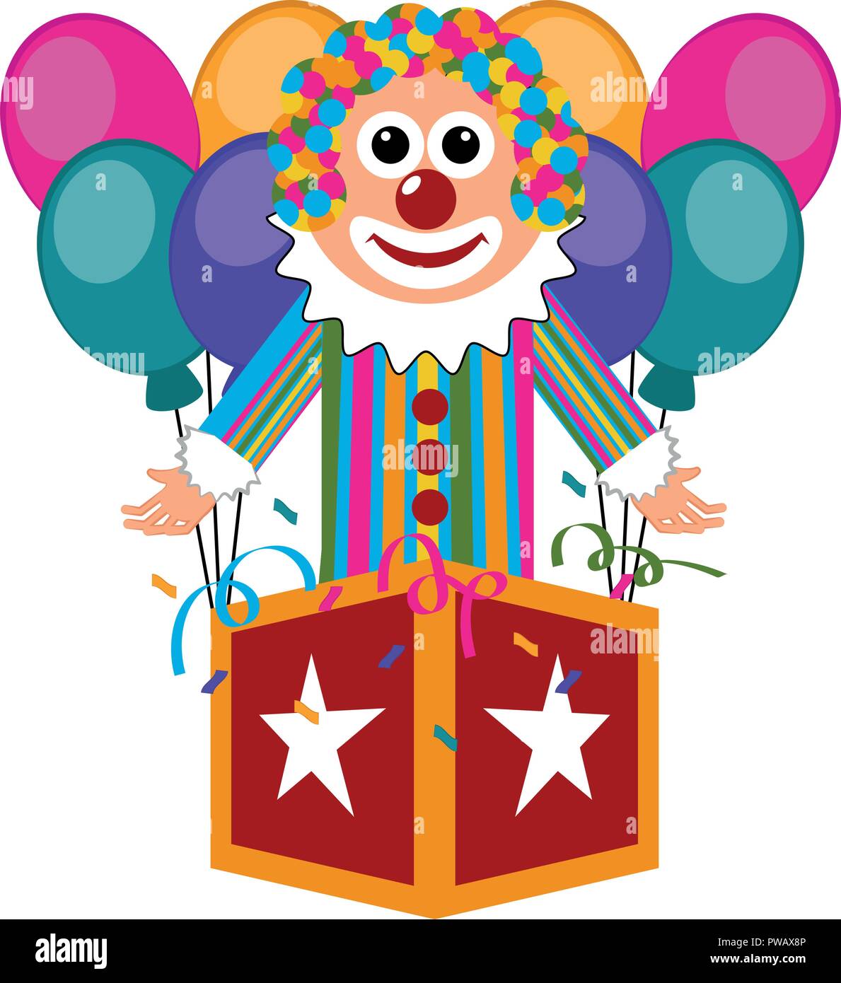 Feliz payaso de circo en una caja de sorpresas Imagen Vector de stock -  Alamy