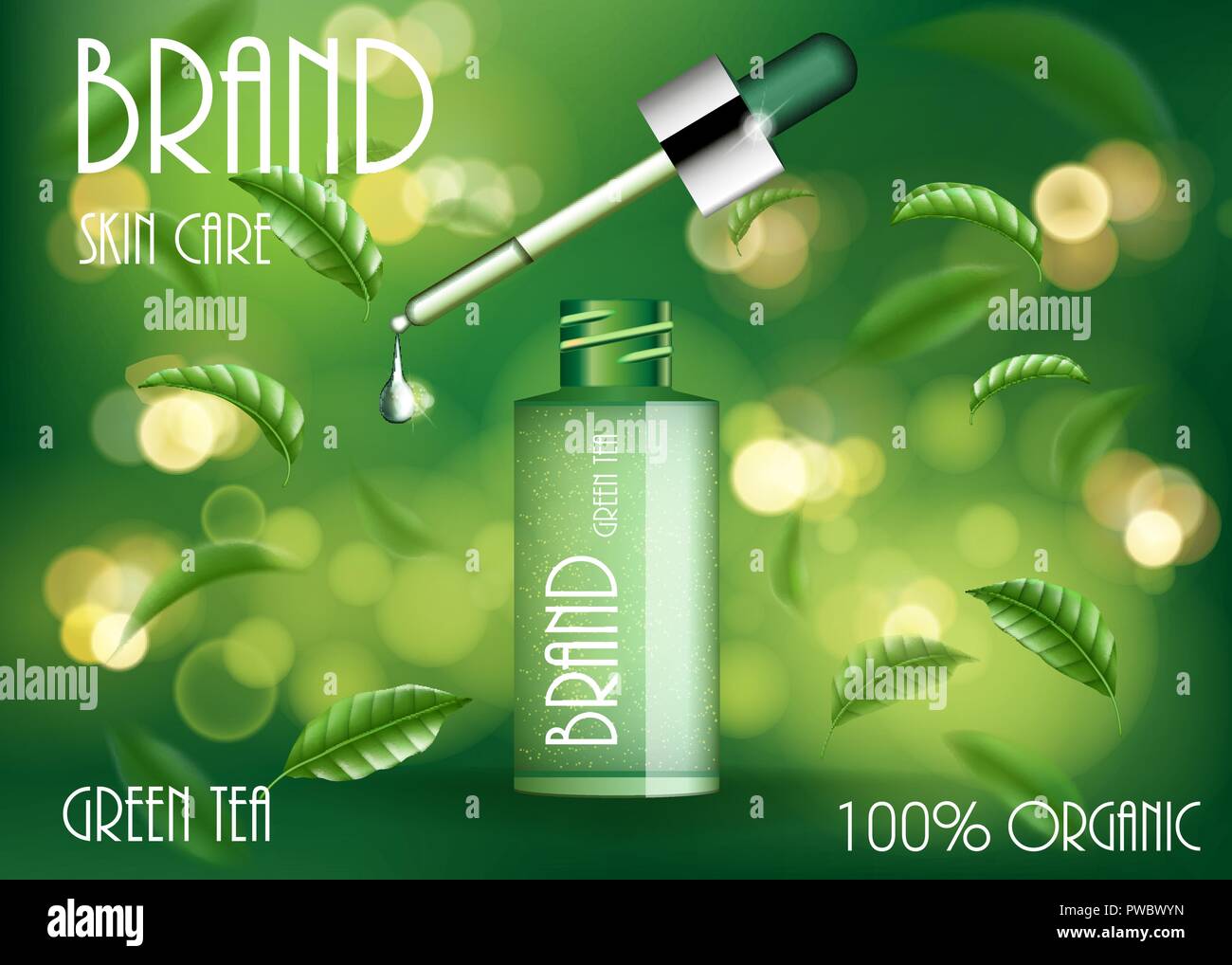 Plantilla de anuncios de productos cosméticos. Cuidado de la piel té verde botella de suero con hojas de té y bokeh. 3d producto cosmético diseño ilustración Ilustración del Vector