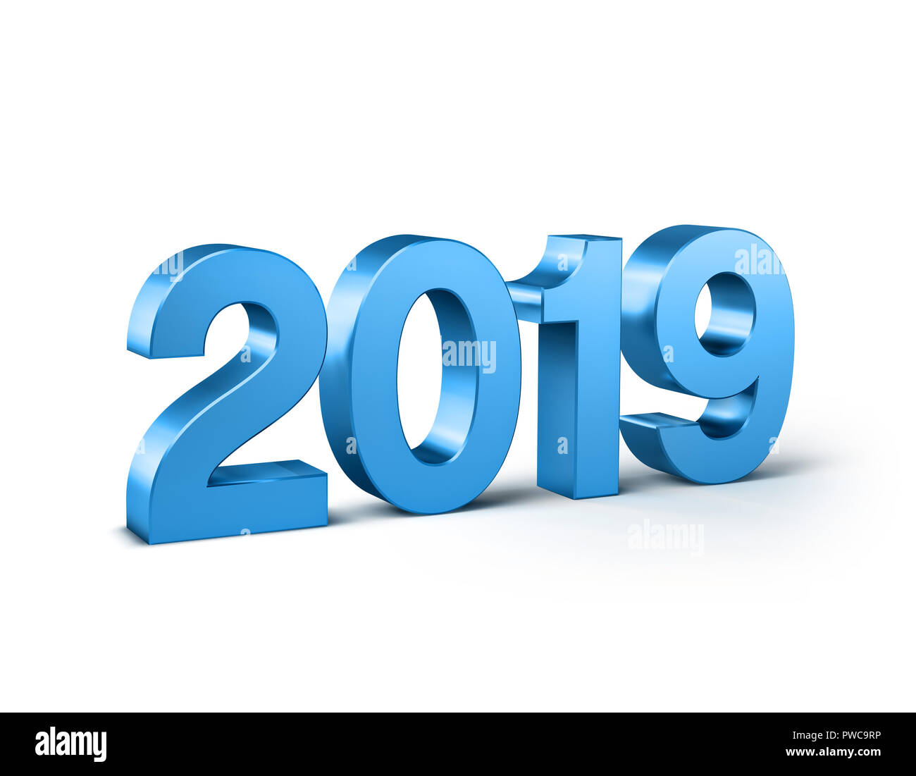 Año nuevo 2019 fecha de serie en color azul y aislado en blanco - Ilustración 3D Foto de stock