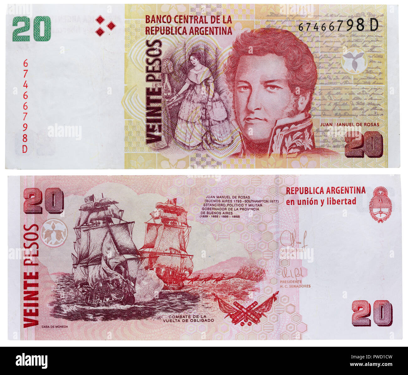 Billete de 20 pesos, Juan Manuel de Rosas, Batalla de Vuelta de Obligado, Argentina Foto de stock