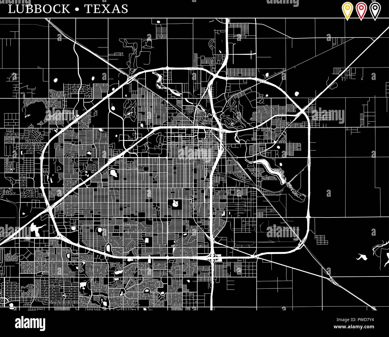 Mapa sencillo de Lubbock, Texas, EE.UU. Versión en blanco y negro para  limpiar antecedentes e impresiones. Este mapa de Lubbock contiene tres  marcadores que son groupe Imagen Vector de stock - Alamy