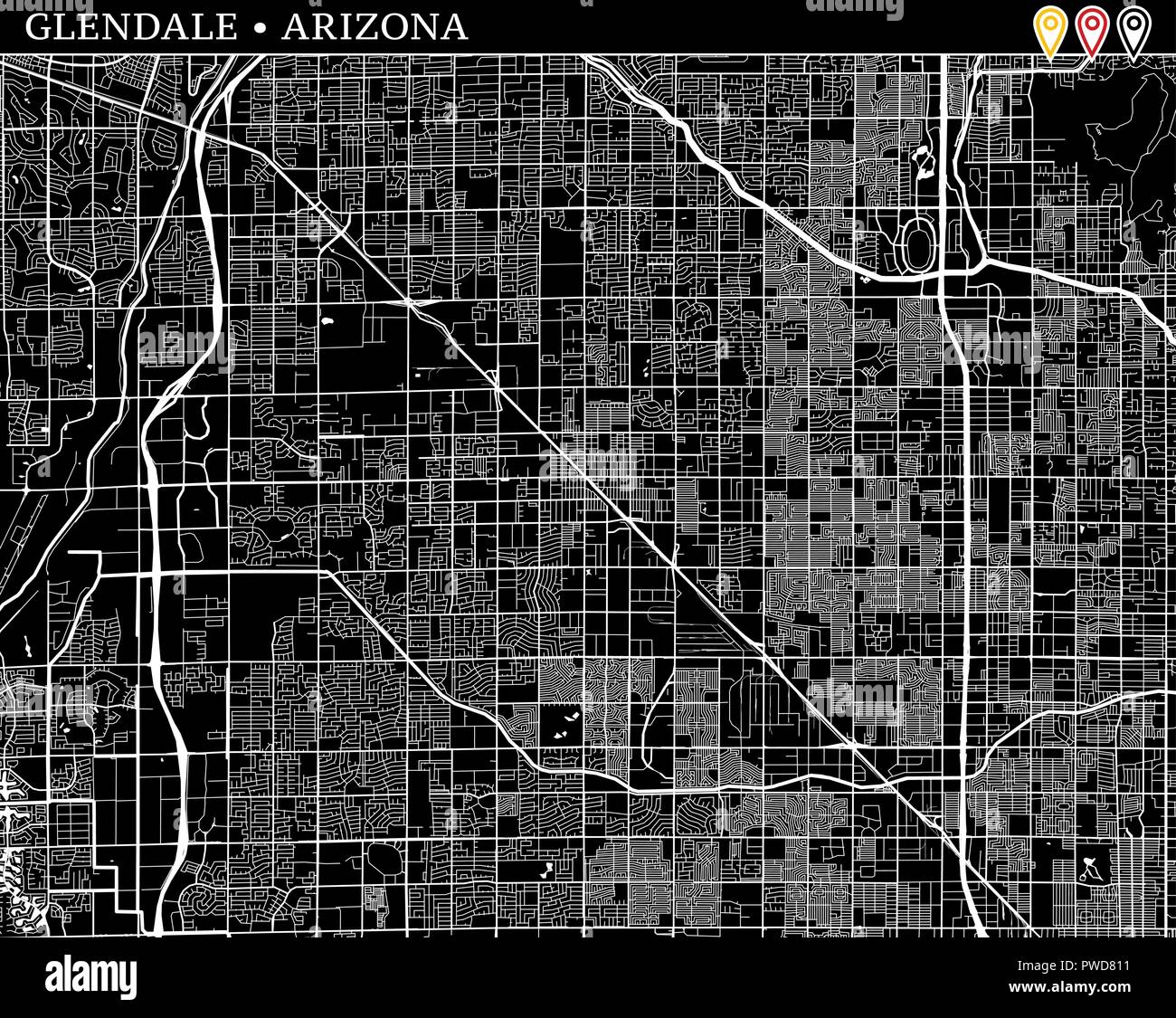 Mapa sencillo de Glendale, Arizona, EE.UU. Versión en blanco y negro para limpiar antecedentes e