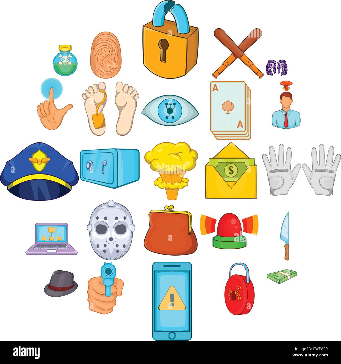 Iconos de la delincuencia, del estilo de dibujos animados Imagen Vector de  stock - Alamy