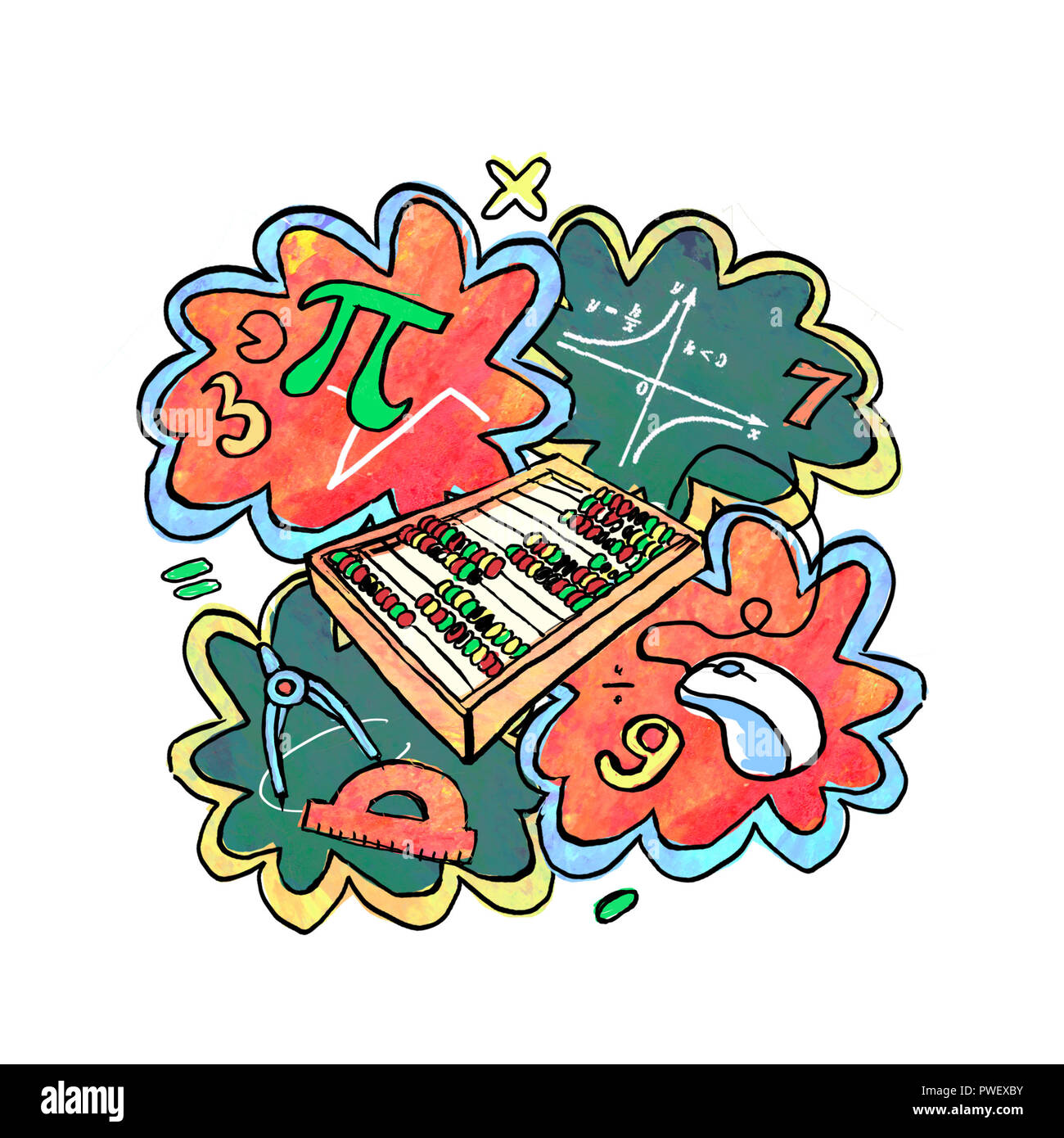 Collage de estilo de dibujos animados sobre el tema de las matemáticas.  Composición aislados sobre un fondo blanco. Ilustración - adhesivo,  impresión Fotografía de stock - Alamy