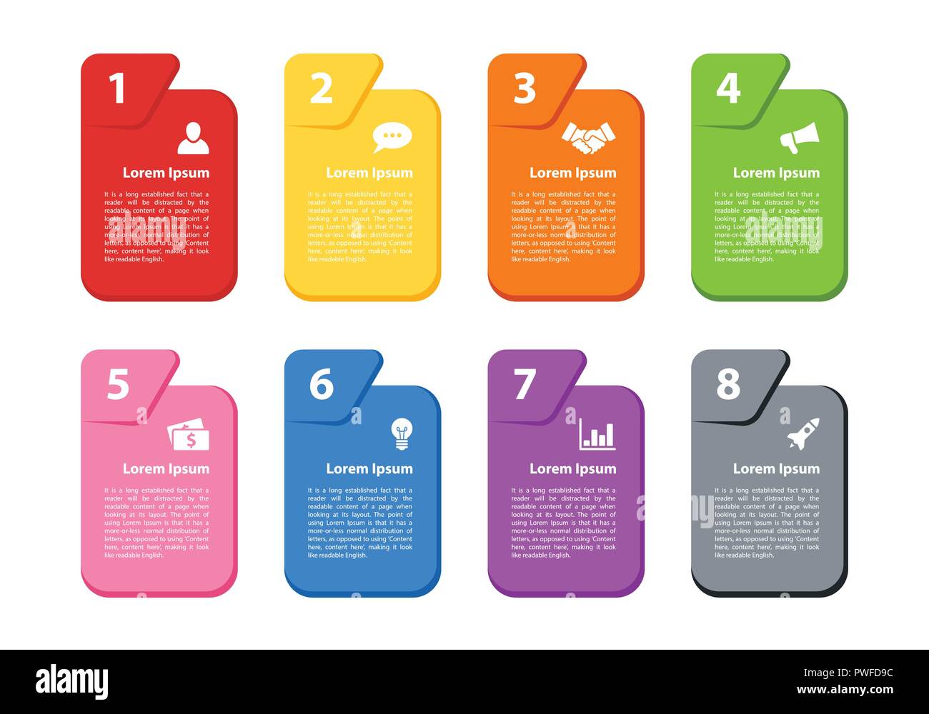 Concepto de negocio diseño infografía ilustración vectorial con 8 pasos o procesos representan opciones o diagrama de flujo o diagrama de flujo de trabajo o para el folleto, Ilustración del Vector