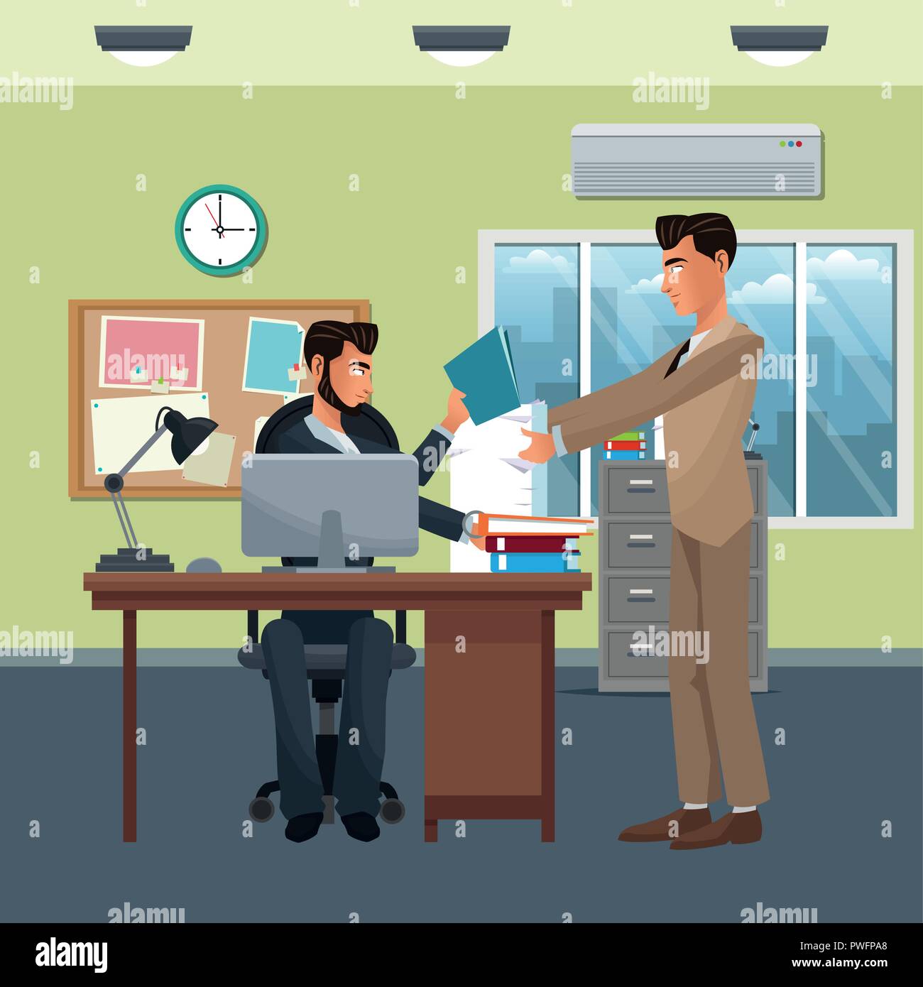 Compañero de negocios entregar documentos y trabajar en el escenario de una  oficina y elementos ilustración vectorial diseño gráfico Imagen Vector de  stock - Alamy