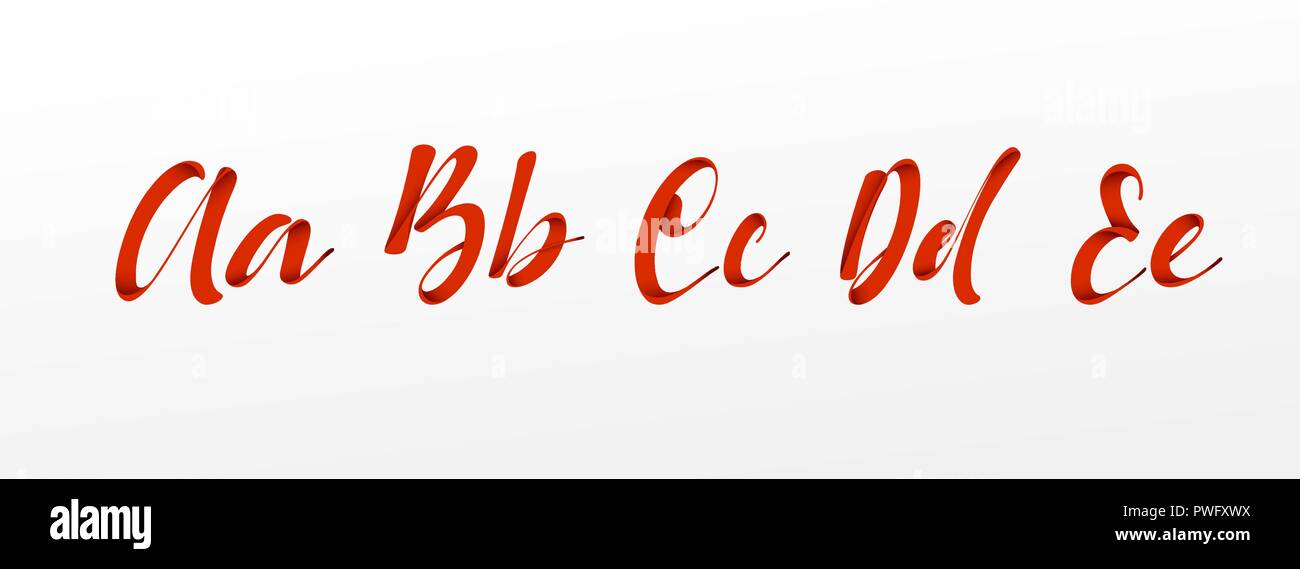 Fuente estilo ribbon, alfabeto en rojo. Las letras a, b, c, d, e, tipografía ilustración vectorial. Ilustración del Vector