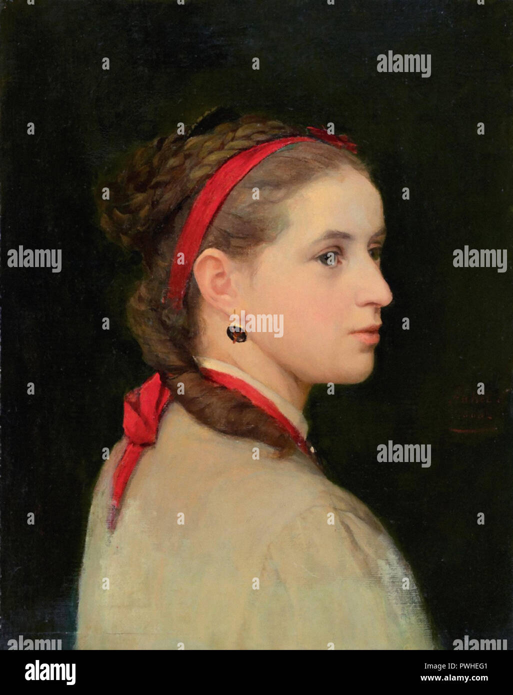 Albert Anker - chica con cinta de pelo rojo Foto de stock