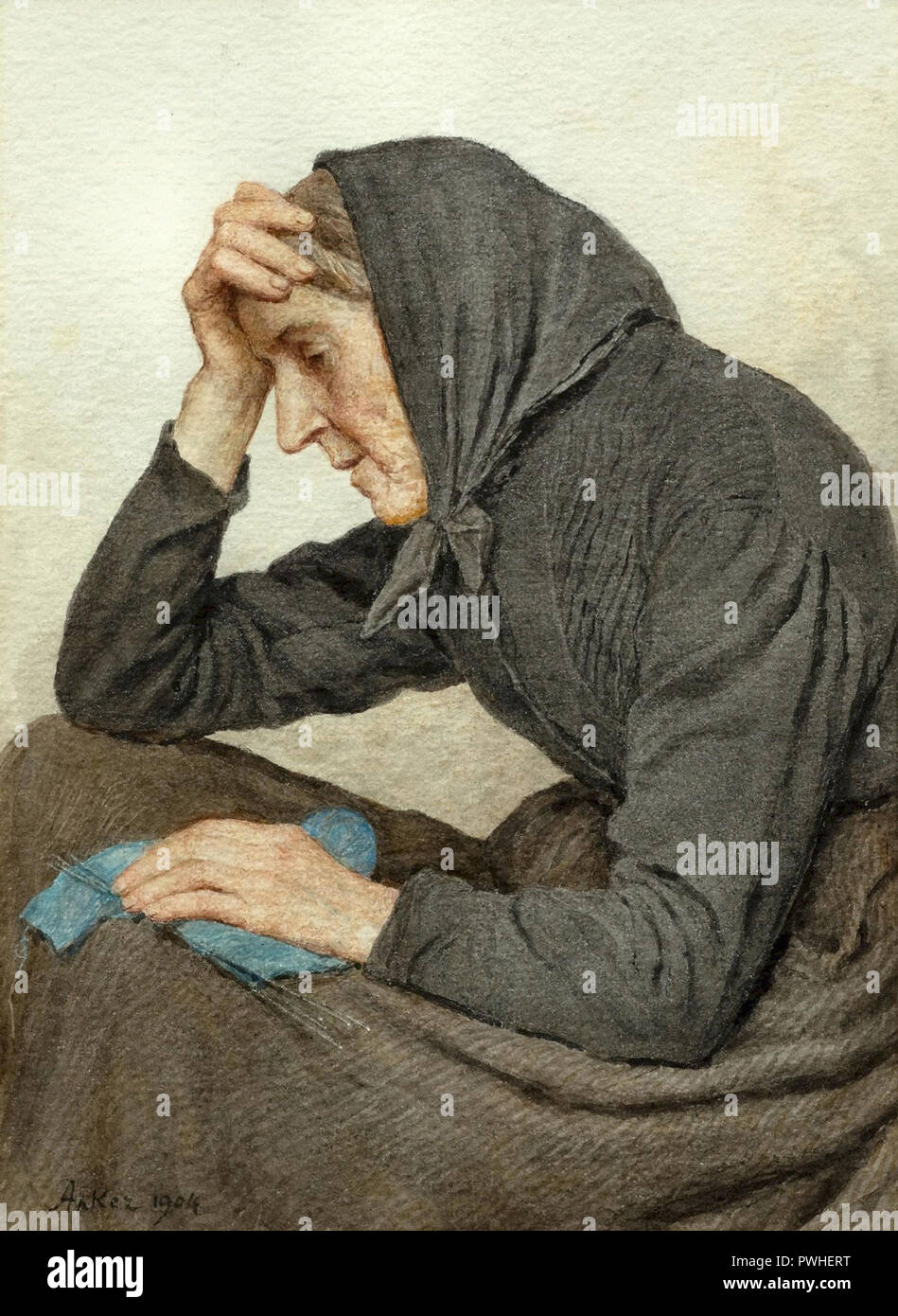 Albert Anker - Sinnende Frau mit Strickzeug Foto de stock