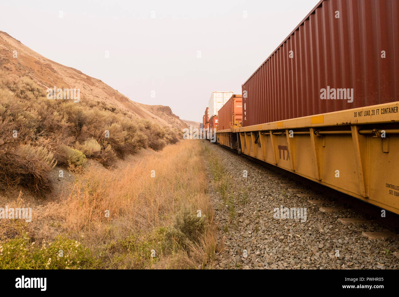 Tren de carga intermodal en CN Rail, Kamloops, British Columbia, Canadá Foto de stock