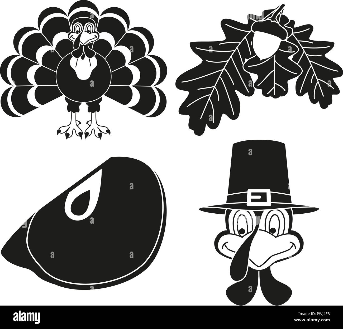 4 blanco y negro silueta thanksgiving elementos establecidos. Otoño de Turquía de aves y plantas. Festival de Otoño themed ilustración vectorial de icono, etiqueta, stick Ilustración del Vector