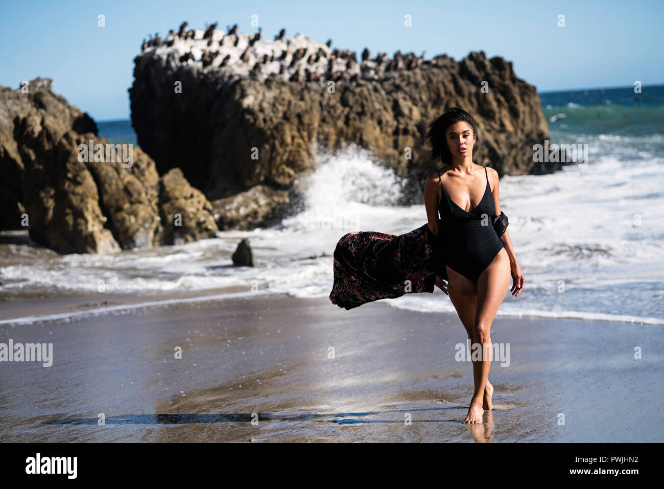 Joven modelo femenino en la playa Foto de stock
