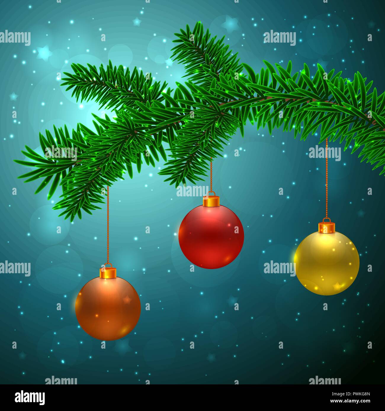Abeto con 3 bolas de Navidad de color rojo, amarillo y naranja sobre fondo  azul oscuro con efecto bokeh Imagen Vector de stock - Alamy
