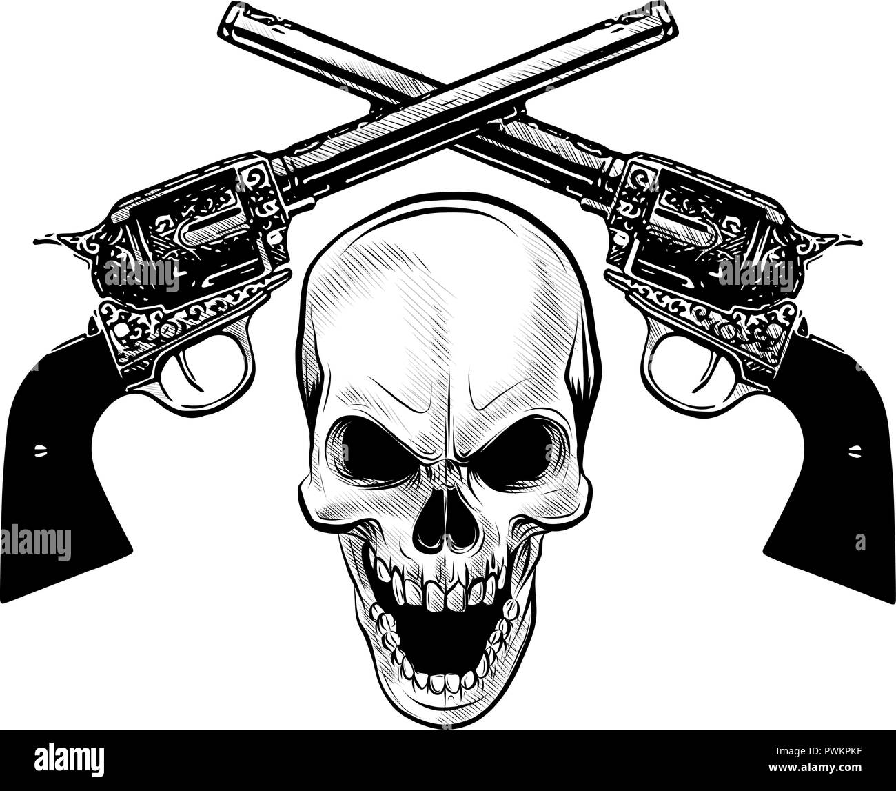Escudo de armas militares con cráneo grunge, camisetas de diseño. Ilustración del Vector