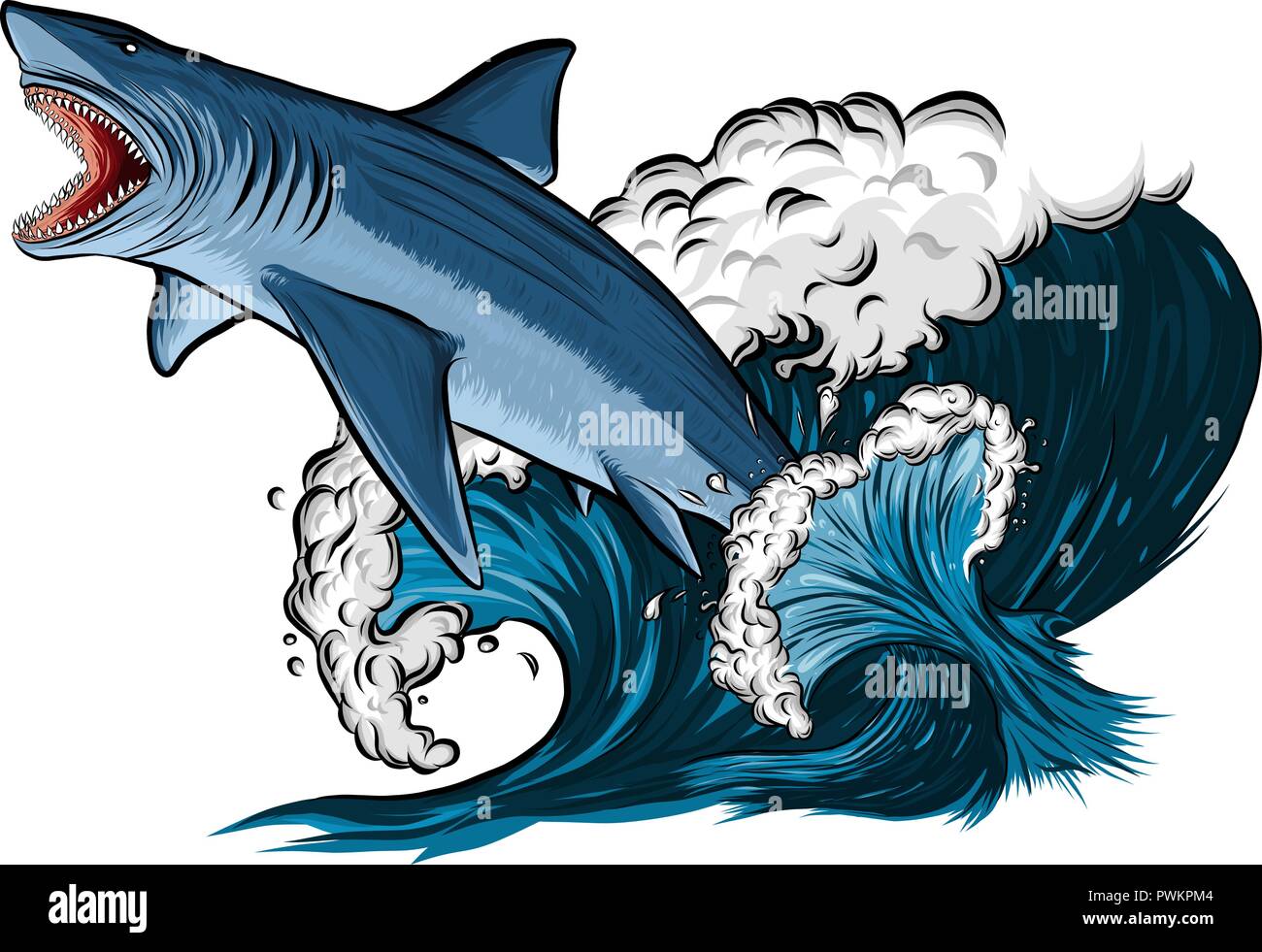 Tiburón con boca abierta en el mar. Ilustración vectorial plana Imagen