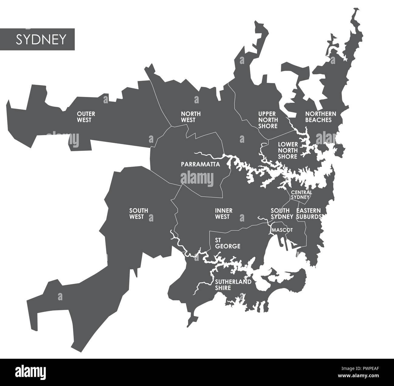 Mapa de vectores del distrito de Sydney el plan detallado de la ciudad, distritos y barrios Ilustración del Vector