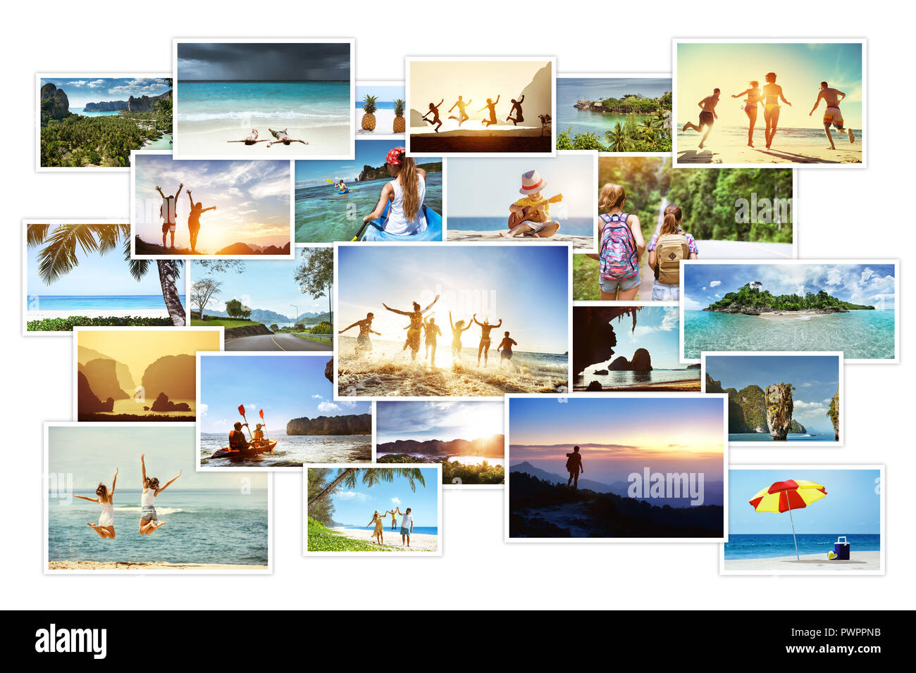 Collage de fotos con paisajes tropicales y pueblos. Concepto de vacaciones al mar Foto de stock