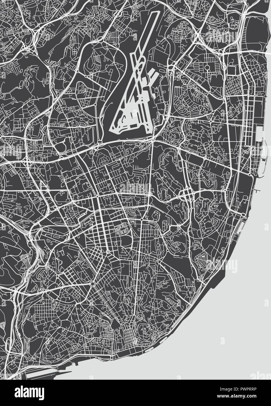 La ciudad de Lisboa, el plan detallado plan detallado mapa de vectores de la ciudad, ríos y calles Ilustración del Vector