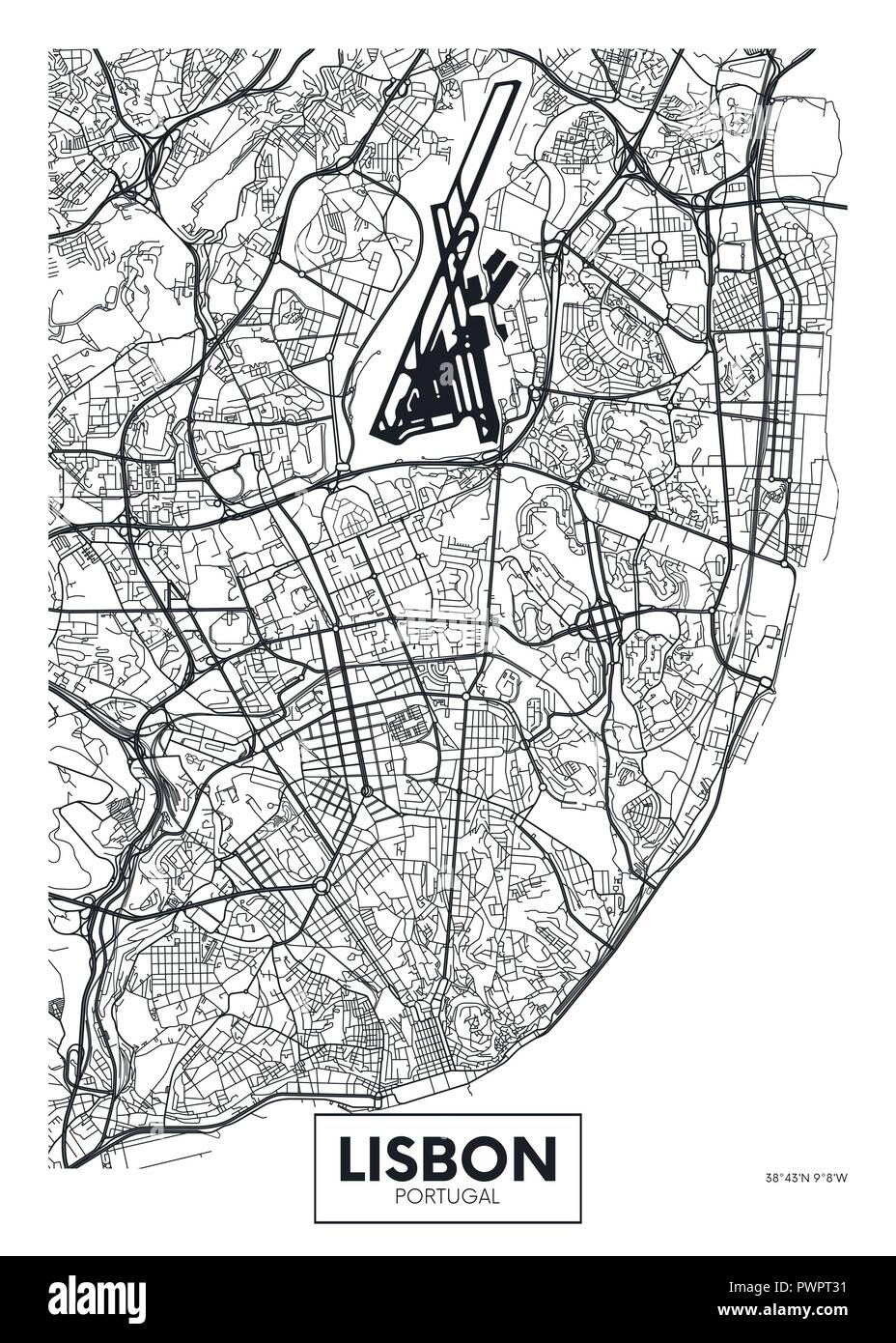 Póster de vectores mapa ciudad Lisboa plan detallado de la ciudad, ríos y calles Ilustración del Vector