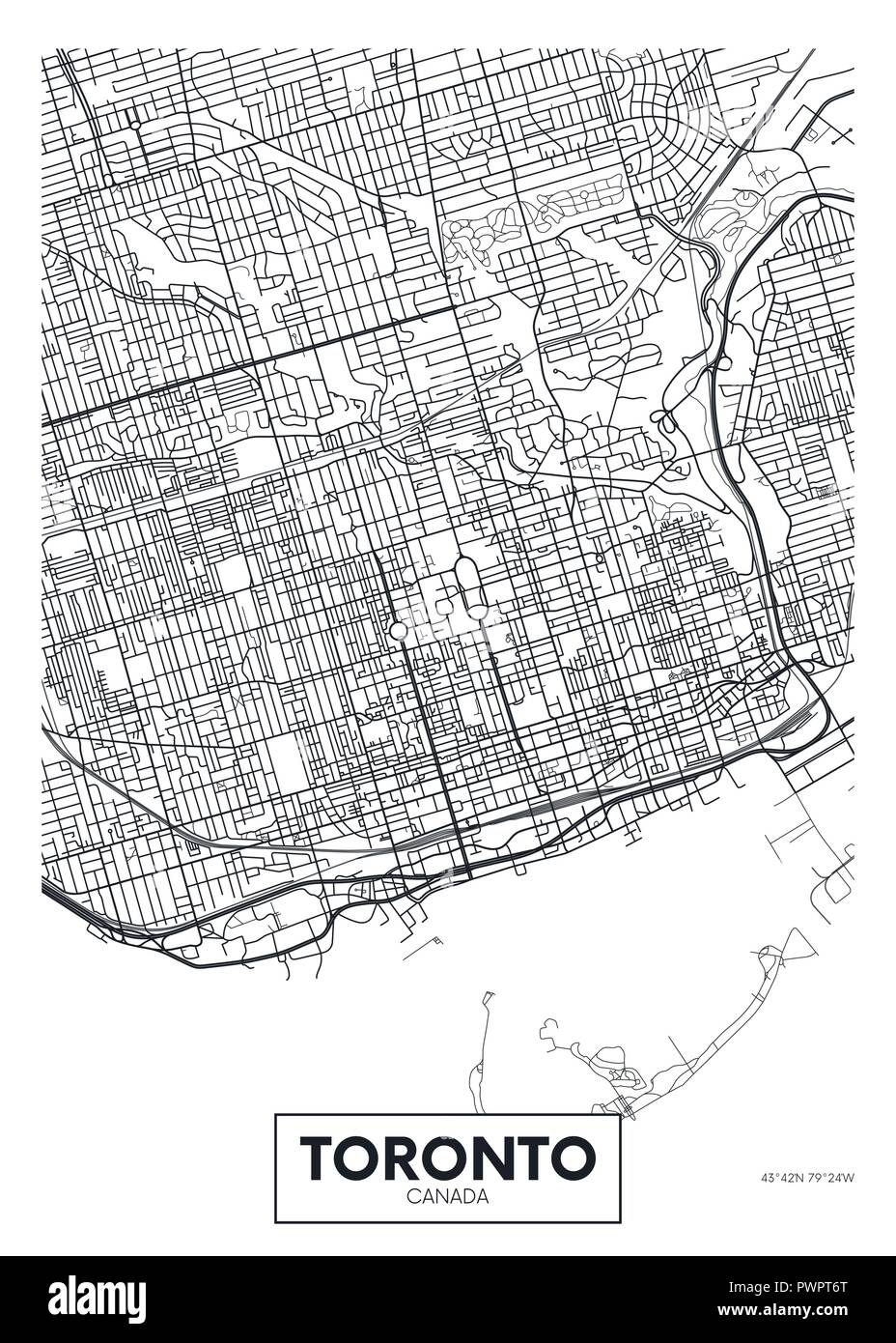 Póster de vector detallado mapa de la ciudad de Toronto el plan detallado de la ciudad, ríos y calles Ilustración del Vector