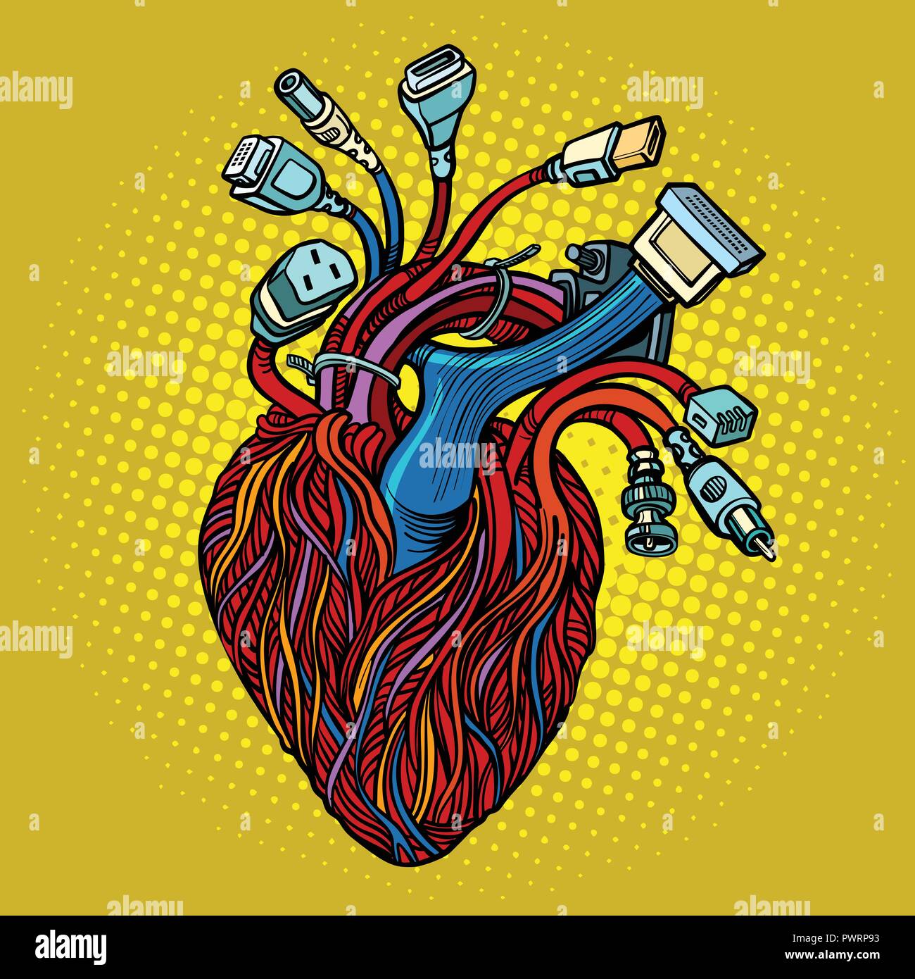 Cyber corazón. Alambres y cables Ilustración del Vector