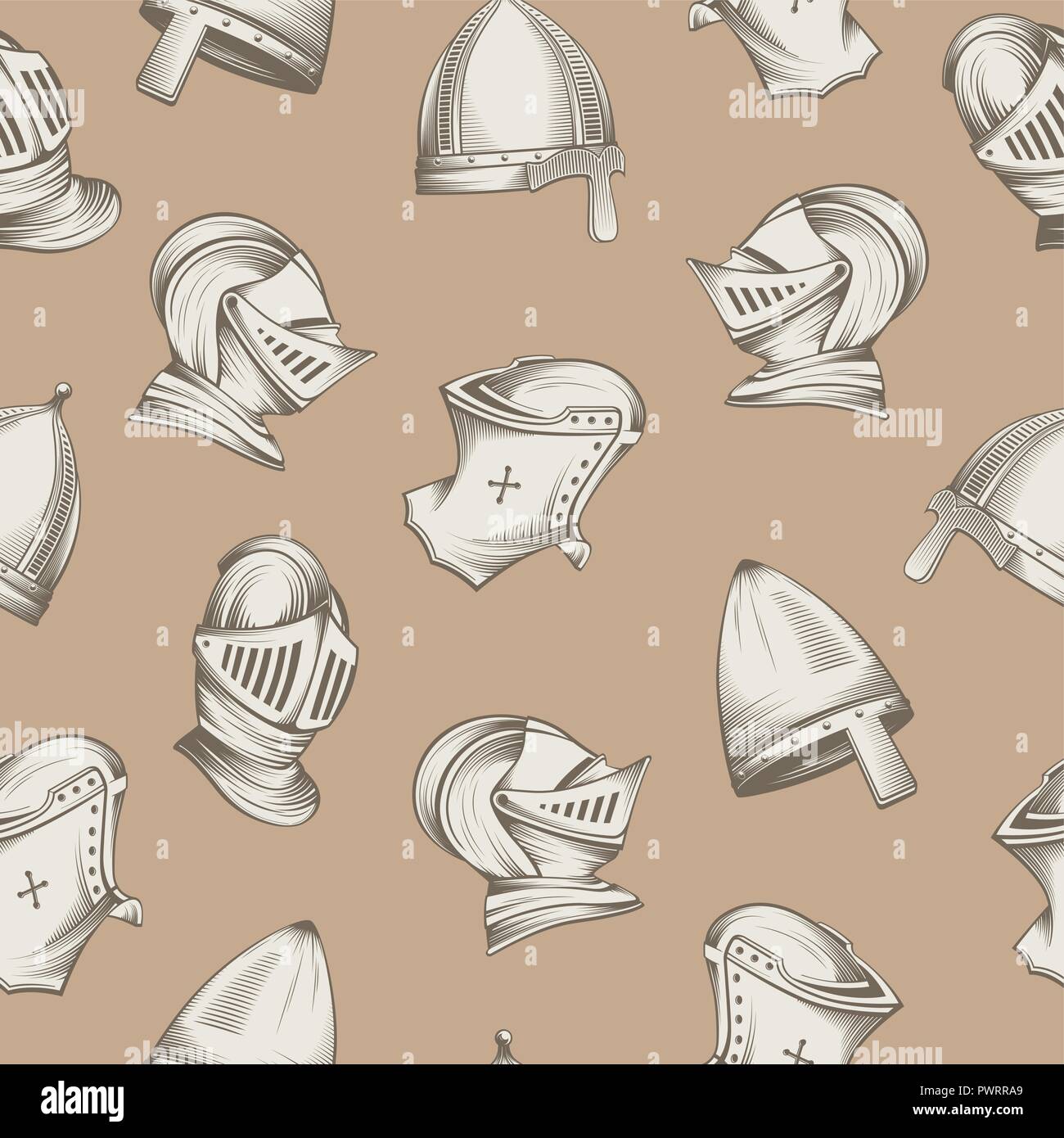 Patrón sin fisuras con los cascos medievales, estilo sketch grabado,  ilustración vector plantilla para tu diseño Imagen Vector de stock - Alamy