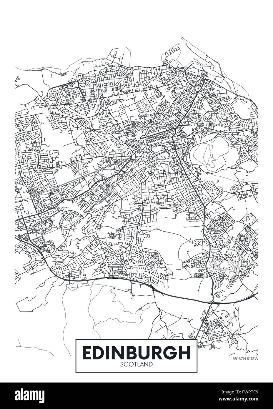 Póster de vector detallado mapa de la ciudad de Edimburgo el plan detallado de la ciudad, ríos y calles Ilustración del Vector