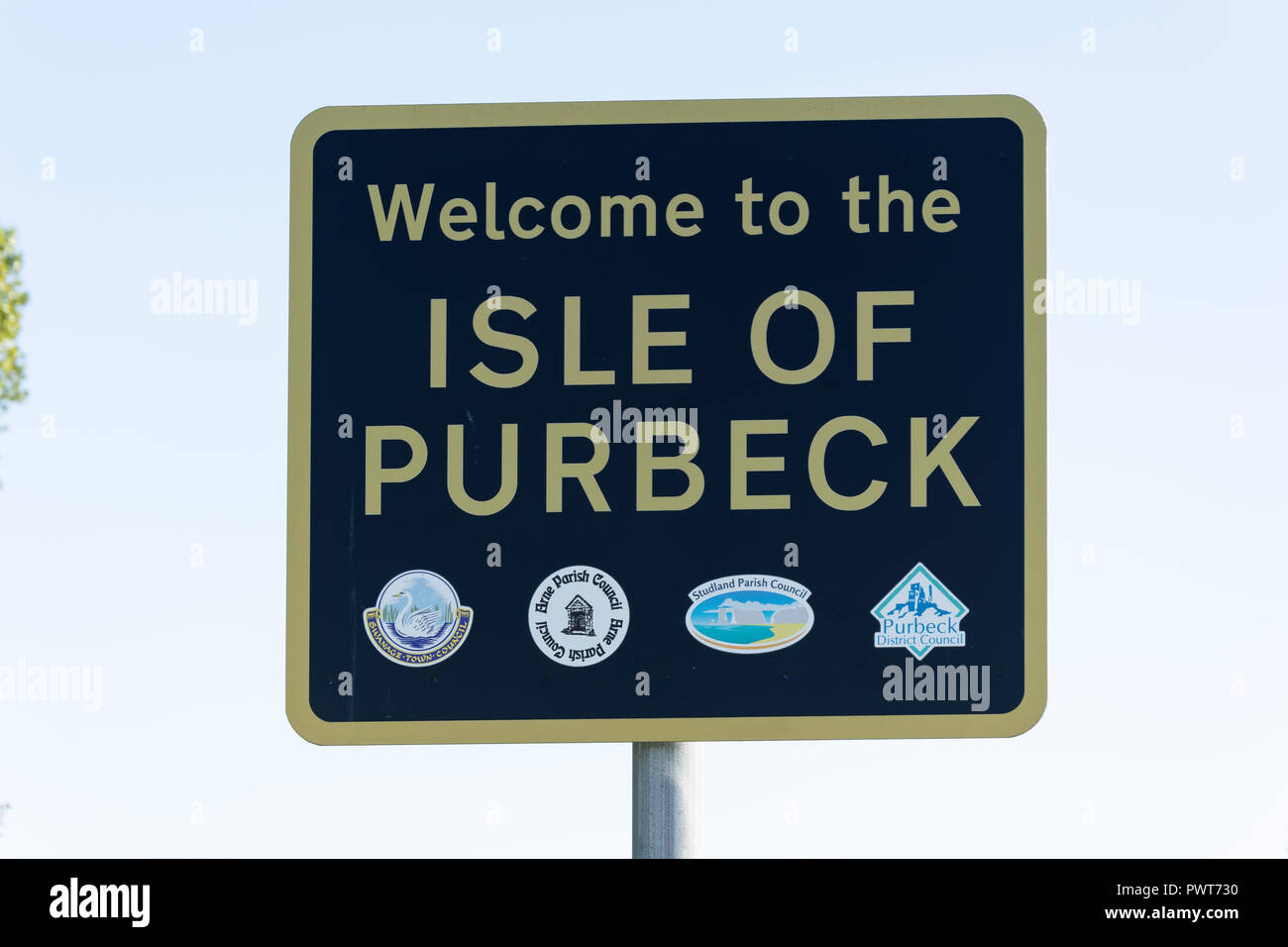 Bienvenido a la Isla de Purbeck signo, Wareham, Dorset, Inglaterra, Reino Unido Foto de stock