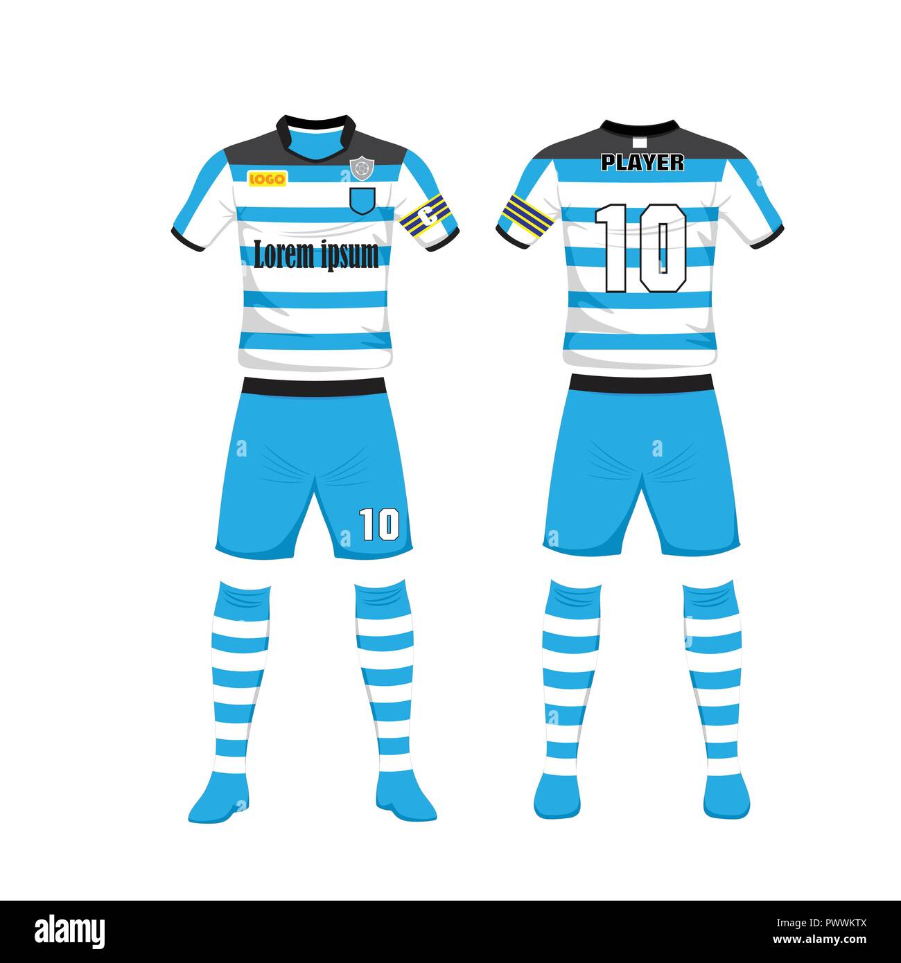 Uniforme de fútbol deporte plantilla de diseño. Uniforme de deporte en  vista frontal y posterior. Ilustración vectorial sobre fondo blanco Imagen  Vector de stock - Alamy