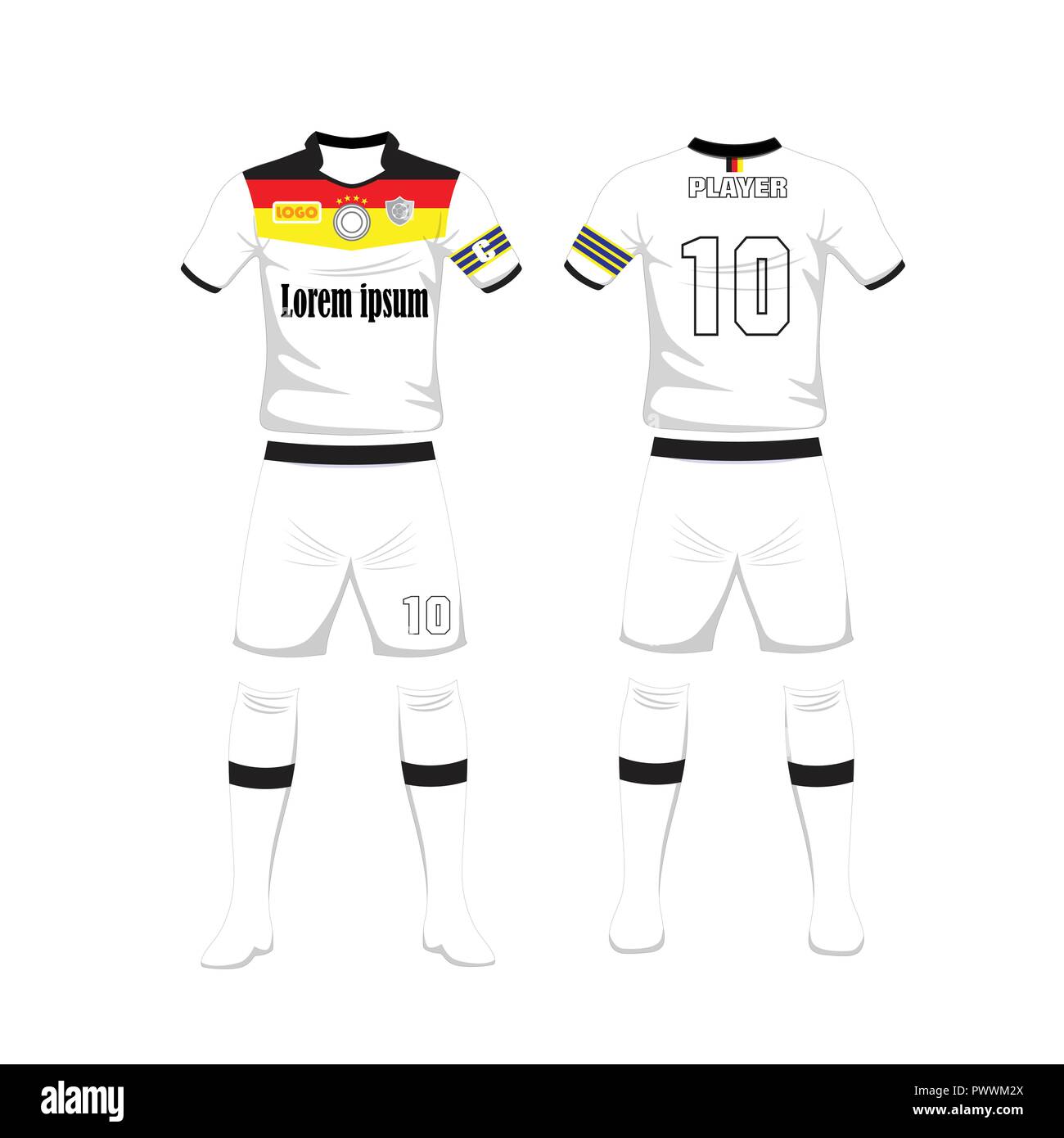 Uniforme de fútbol Alemania sport design template.uniforme de deporte en  vista frontal y posterior. Ilustración vectorial sobre whitebackground  Imagen Vector de stock - Alamy