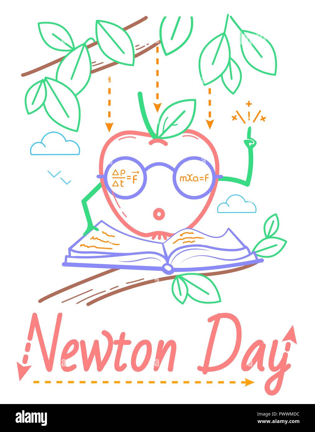 Título educativo para las vacaciones de Newton día. ilustración en el estilo lineal Ilustración del Vector