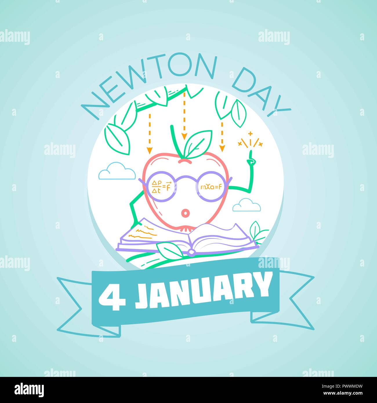 Calendario de cada día el 4 de enero. Tarjeta de felicitación. Vacaciones - Día de Newton. Icono del estilo lineal Ilustración del Vector