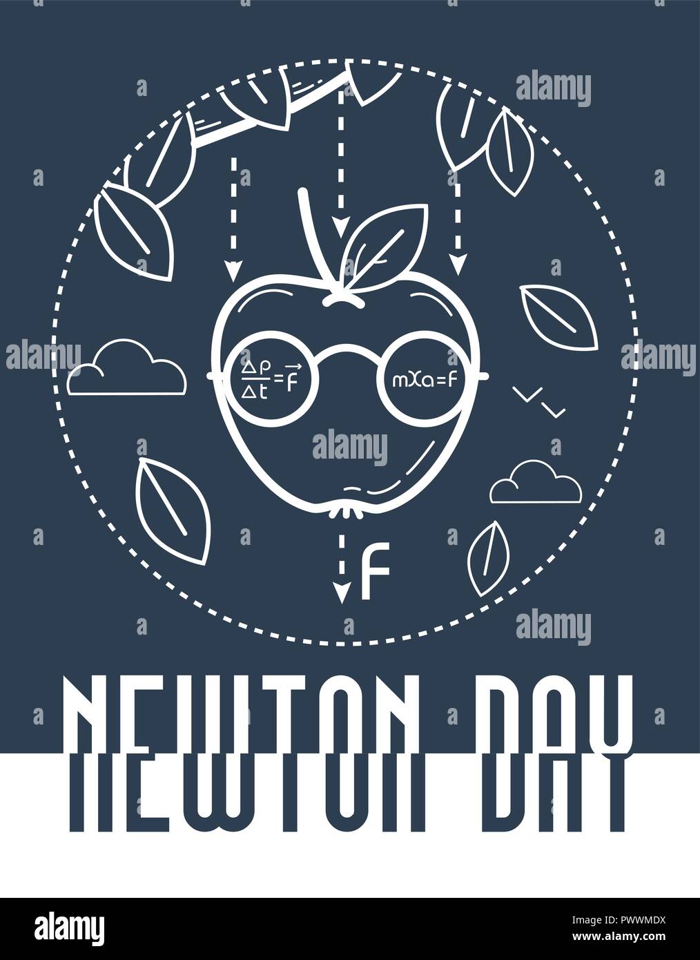 Título educativo para las vacaciones de Newton día ilustración en blanco y negro. Ilustración del Vector