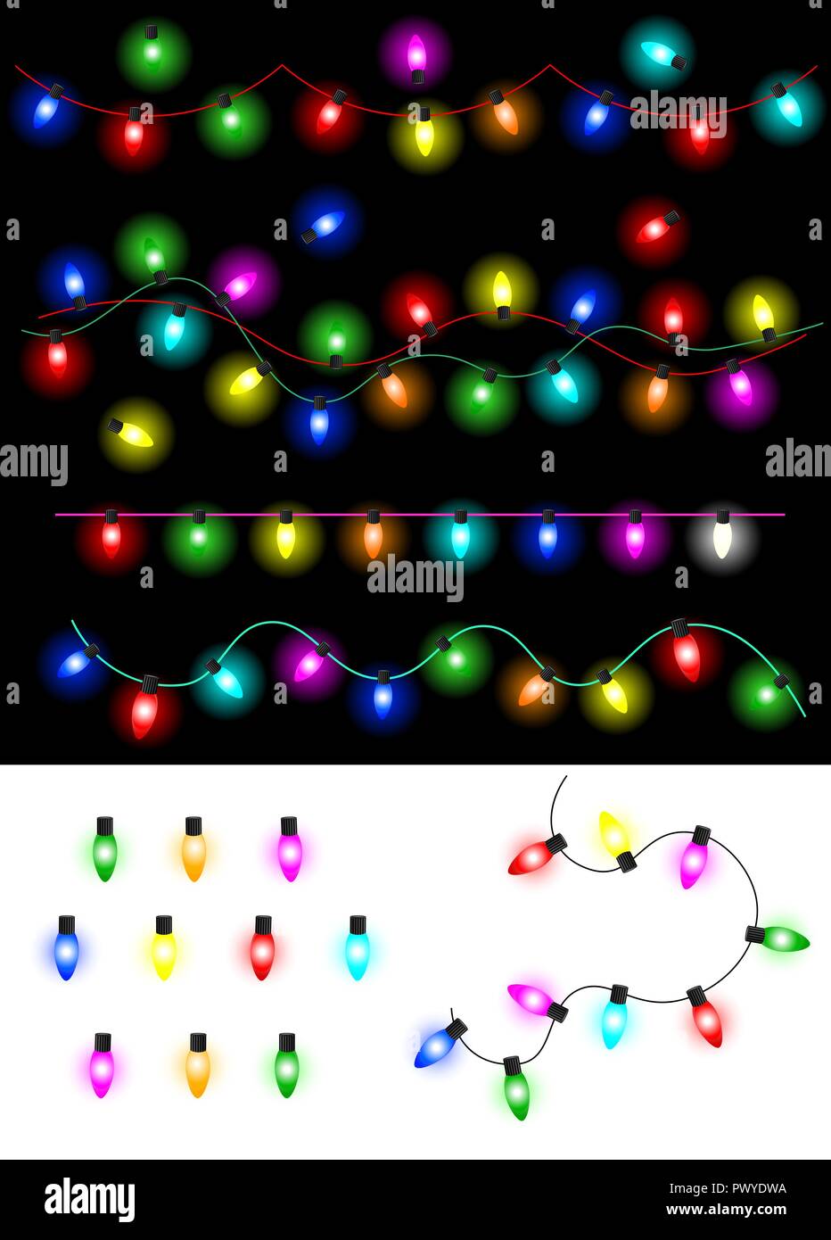 Guirnalda de coloridos brillantes luces de Navidad. Conjunto de bombillas. Ilustración del Vector